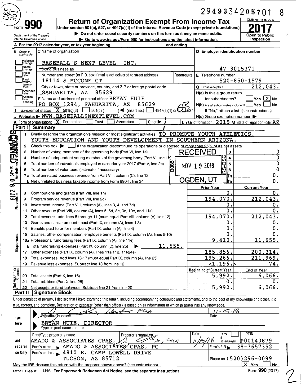 Image of first page of 2017 Form 990 for Baseballs Next Level