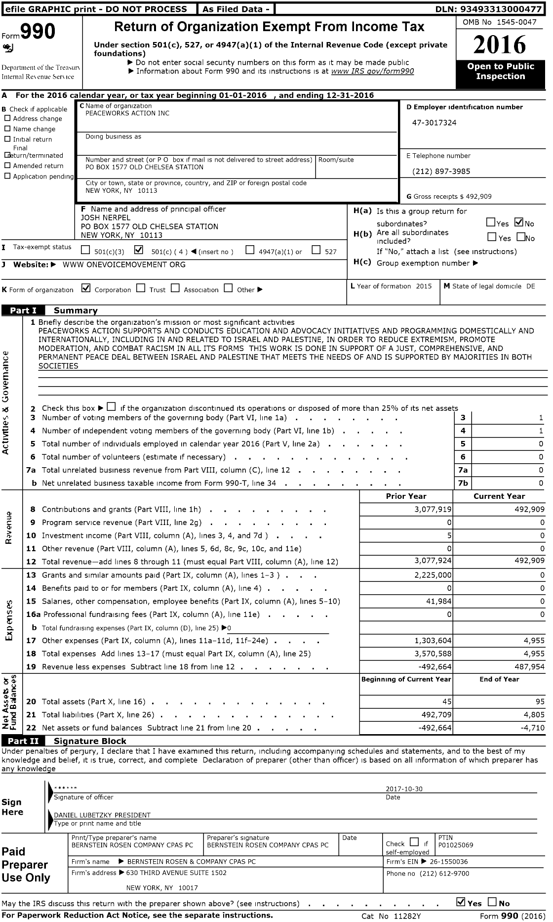 Image of first page of 2016 Form 990O for Peaceworks Action