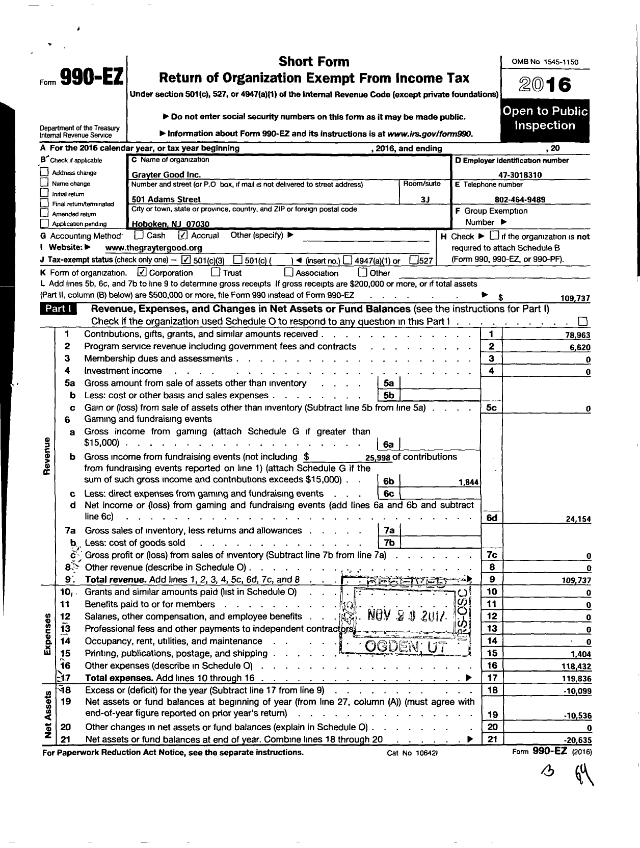 Image of first page of 2016 Form 990EZ for Grayter Good