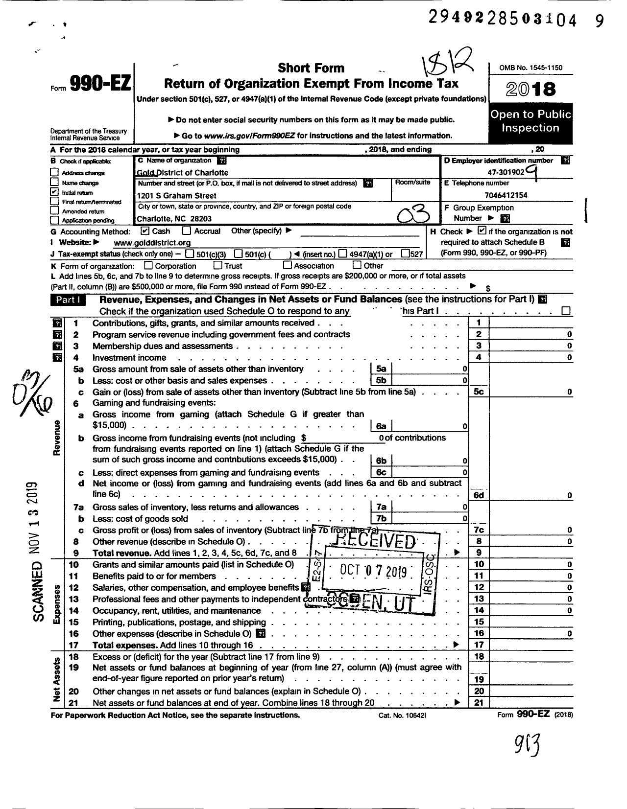 Image of first page of 2018 Form 990EZ for Gold District of Charlotte
