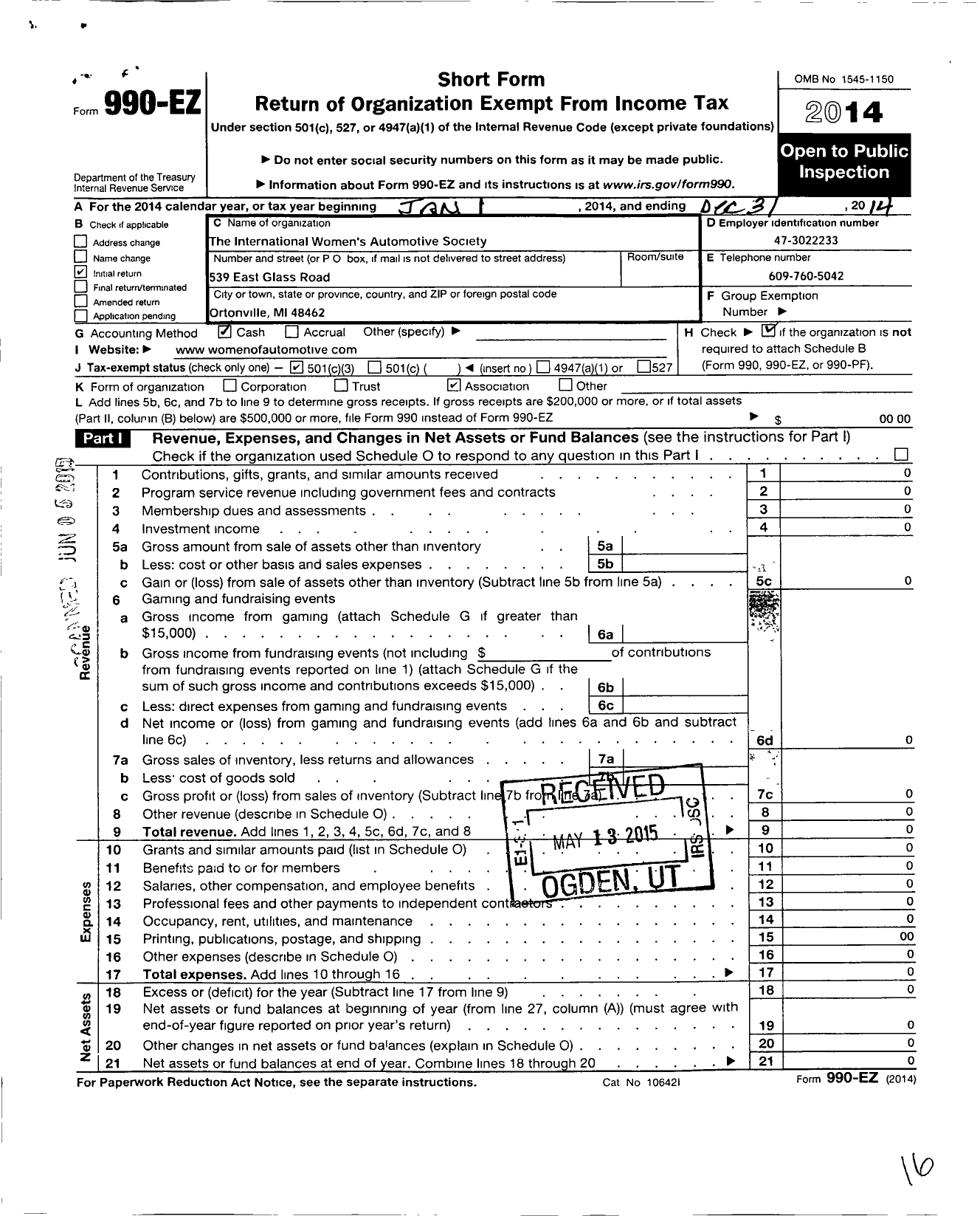 Image of first page of 2014 Form 990EZ for International Womens Automotive Society