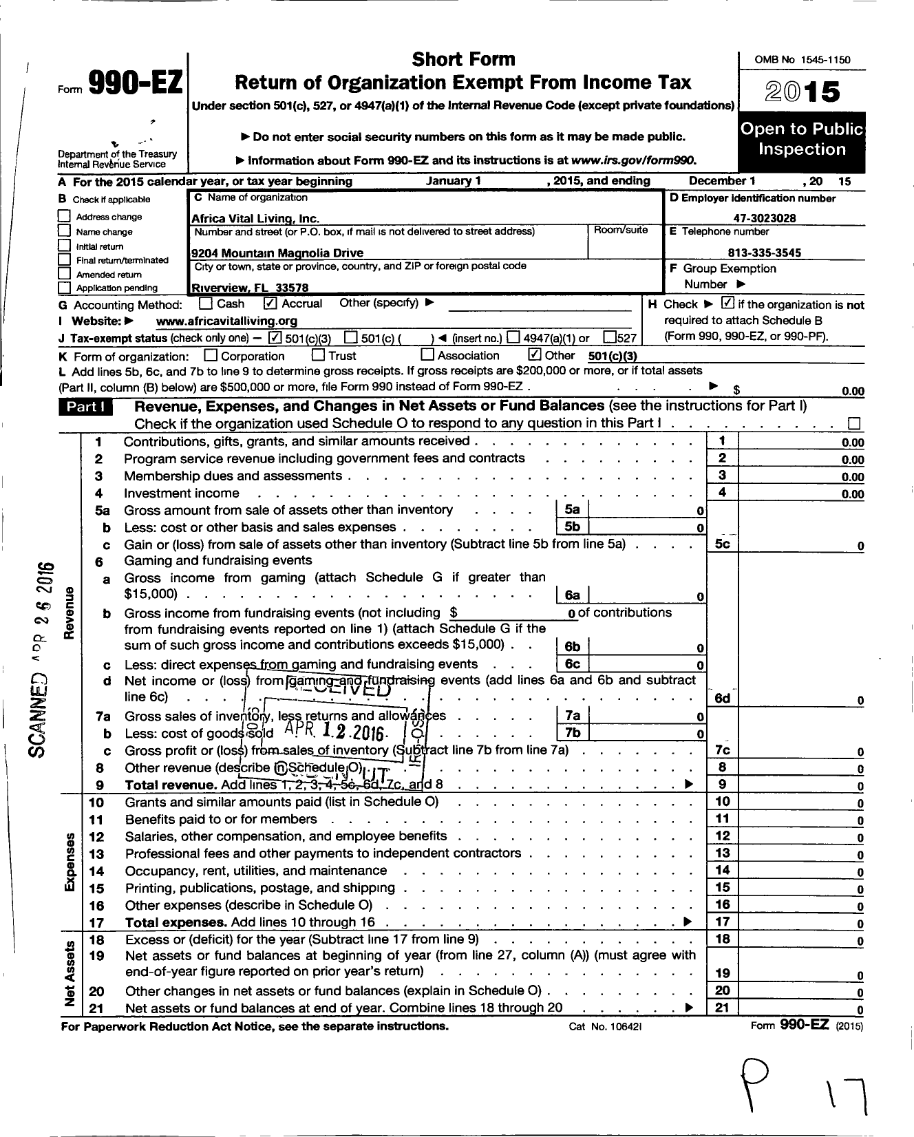 Image of first page of 2015 Form 990EZ for Africa Vital Living