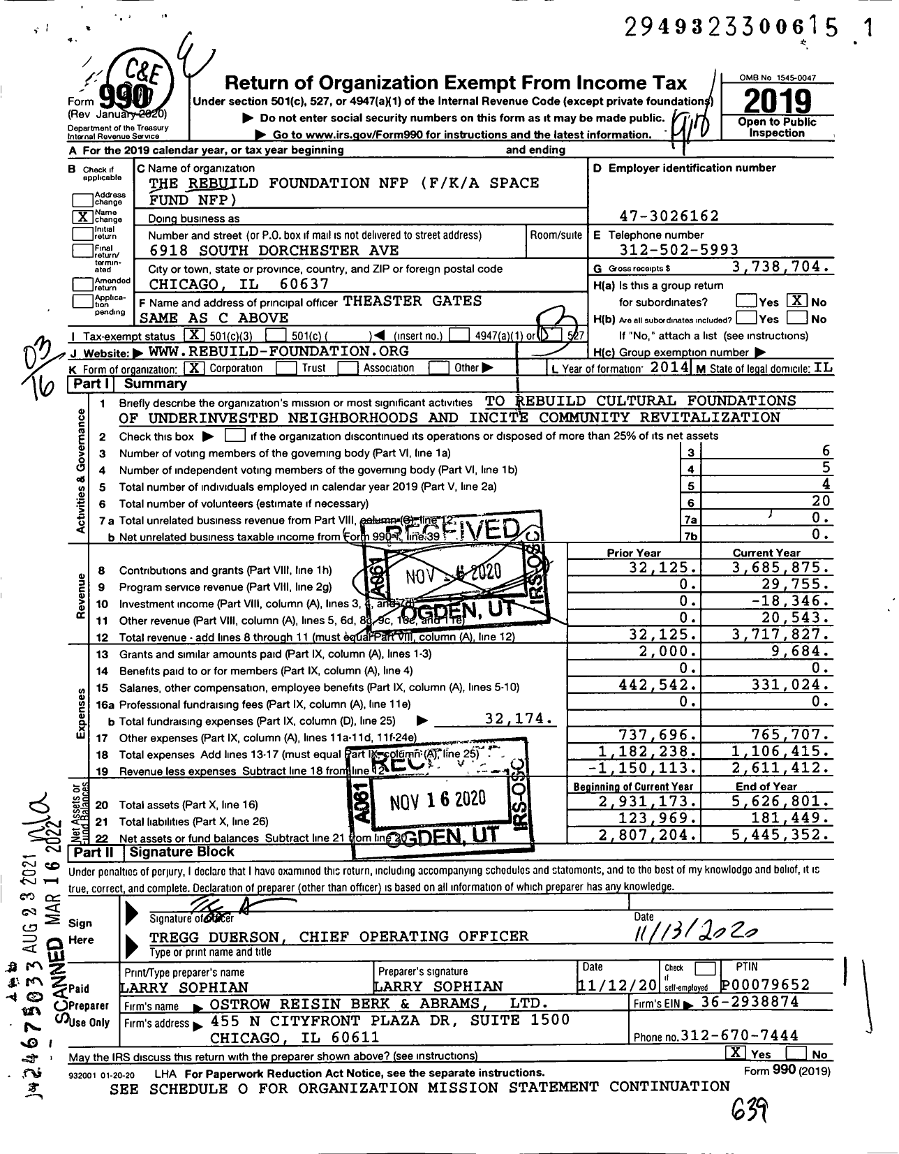 Image of first page of 2019 Form 990 for The Rebuild Foundation Nfp