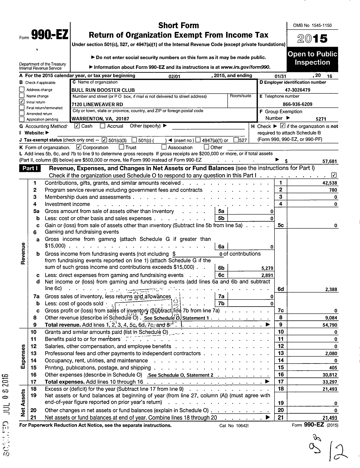 Image of first page of 2015 Form 990EZ for Parent Booster USA / Bull Run Booster Club