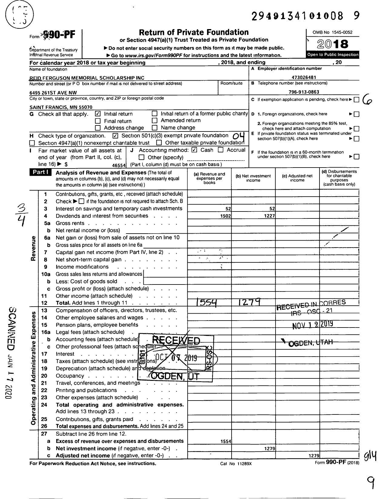 Image of first page of 2018 Form 990PF for Reid Ferguson Memorial Scholarship