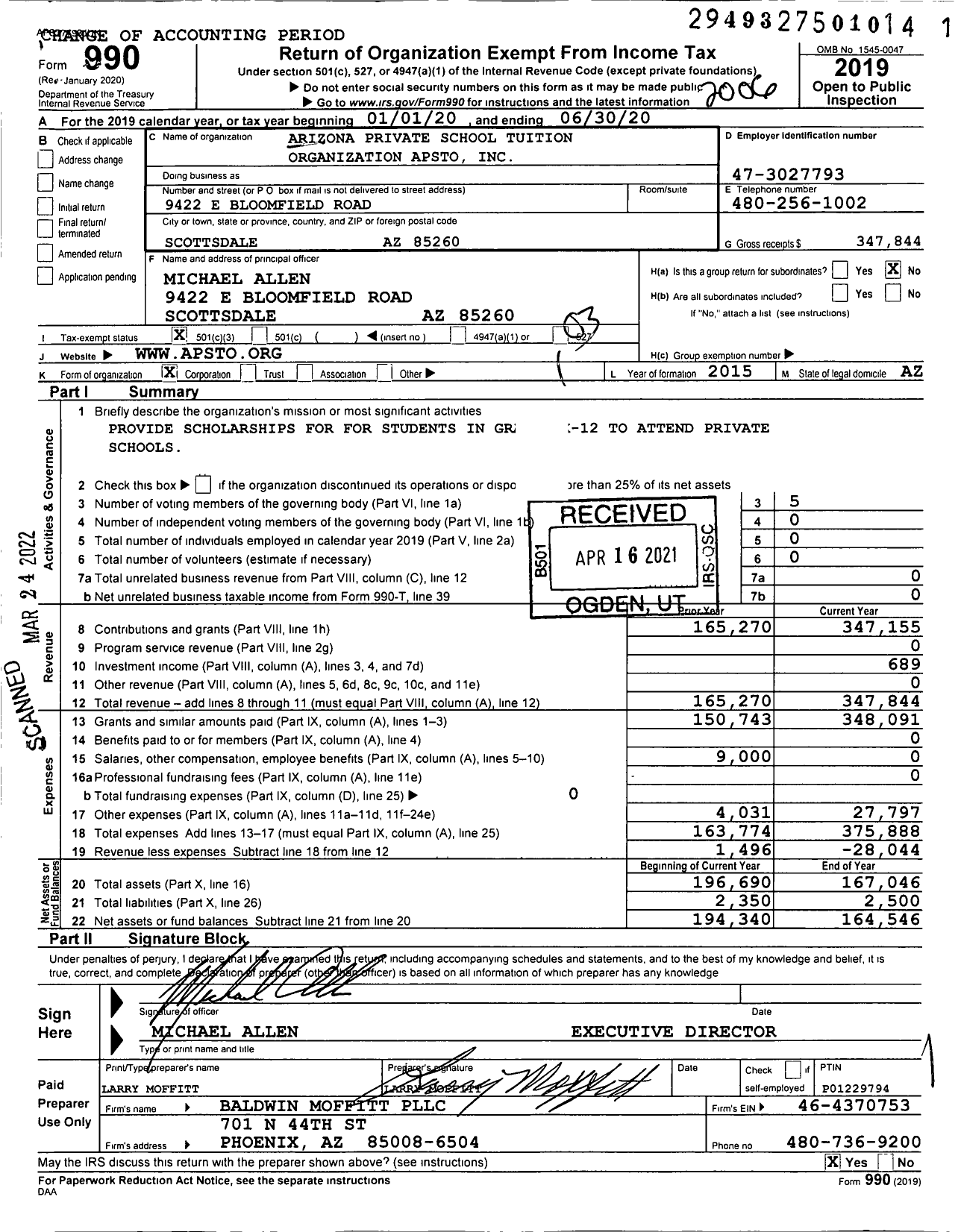 Image of first page of 2019 Form 990 for Arizona Private School Tuition Organization APSTO