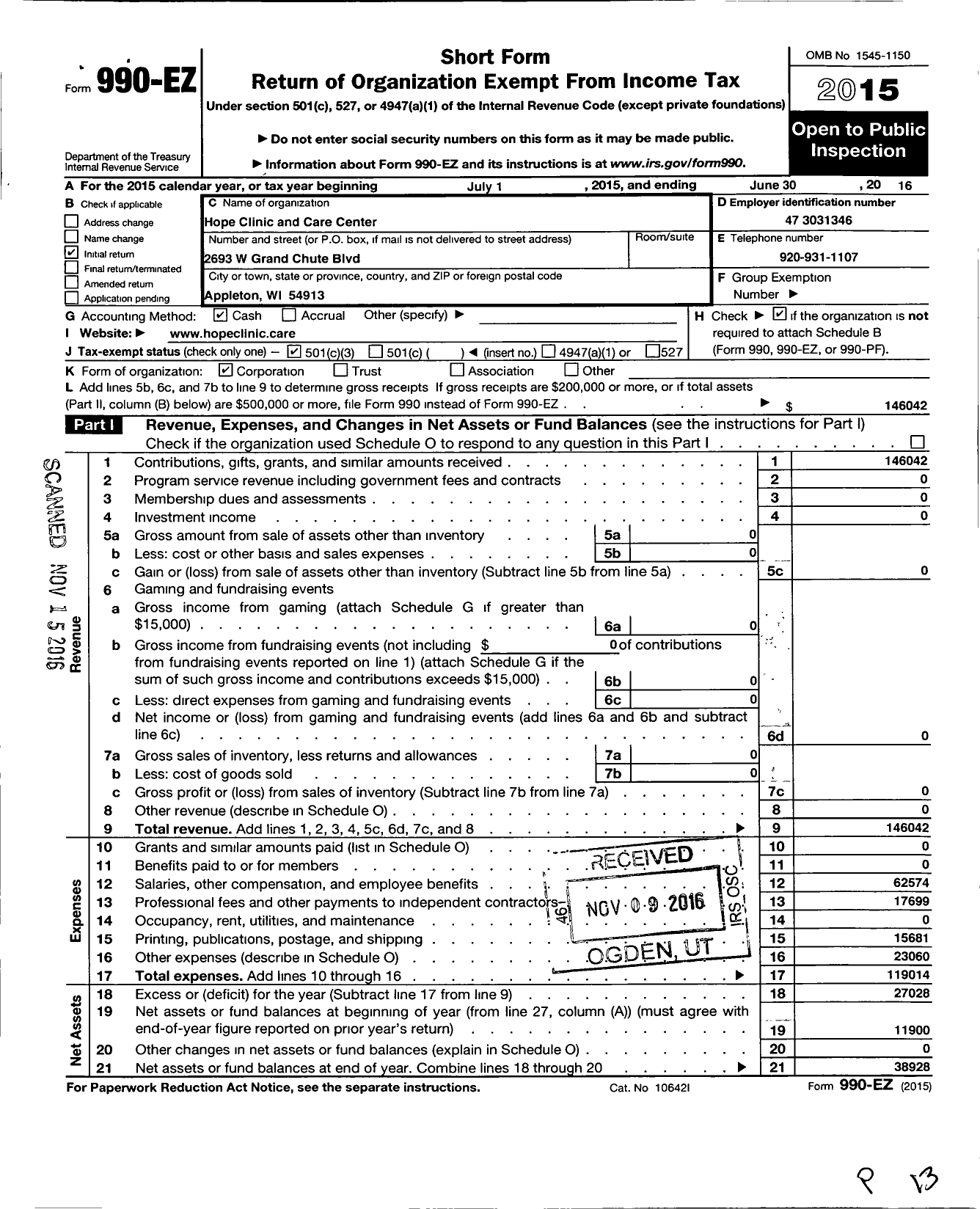 Image of first page of 2015 Form 990EZ for Hope Clinic and Care Center