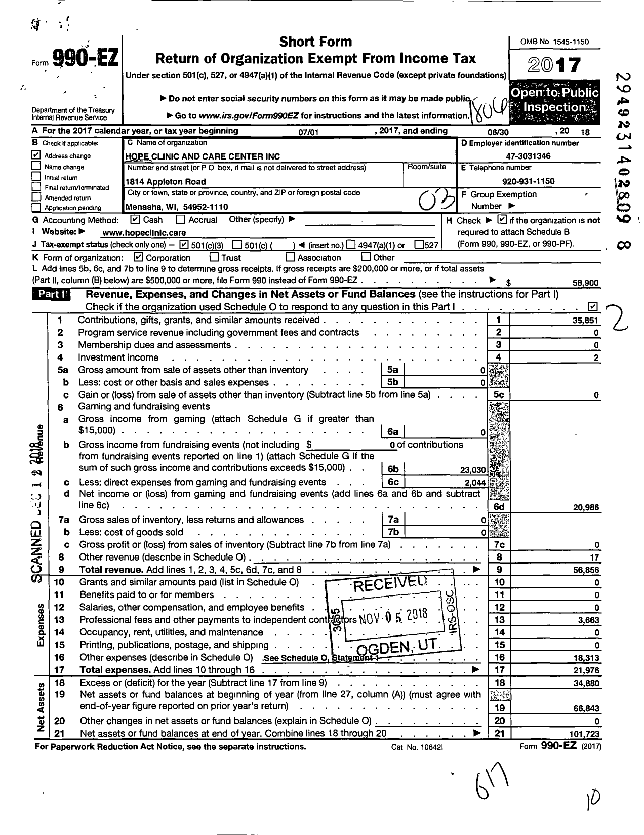 Image of first page of 2017 Form 990EZ for Hope Clinic and Care Center