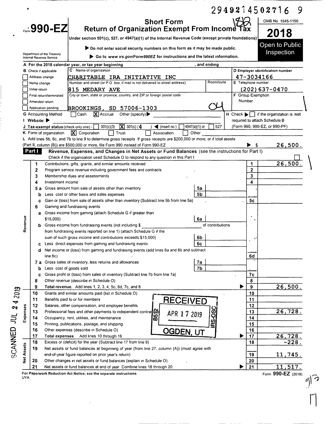 Image of first page of 2018 Form 990EO for Charitable Ira Initiative