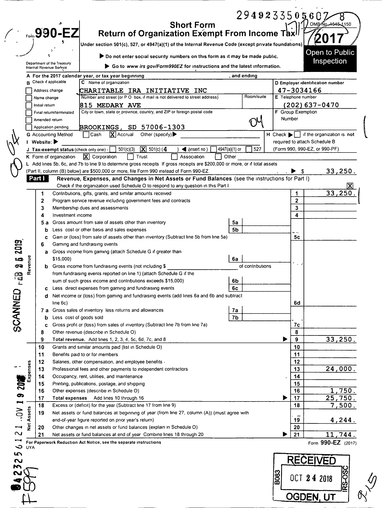 Image of first page of 2017 Form 990EO for Charitable Ira Initiative