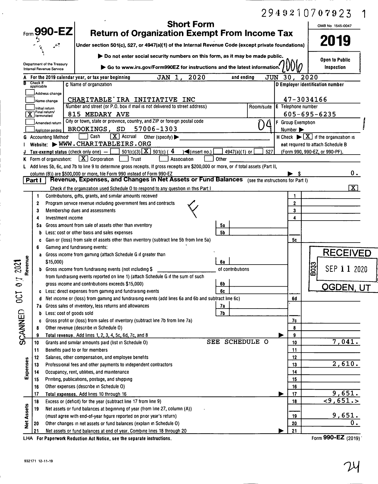 Image of first page of 2019 Form 990EO for Charitable Ira Initiative