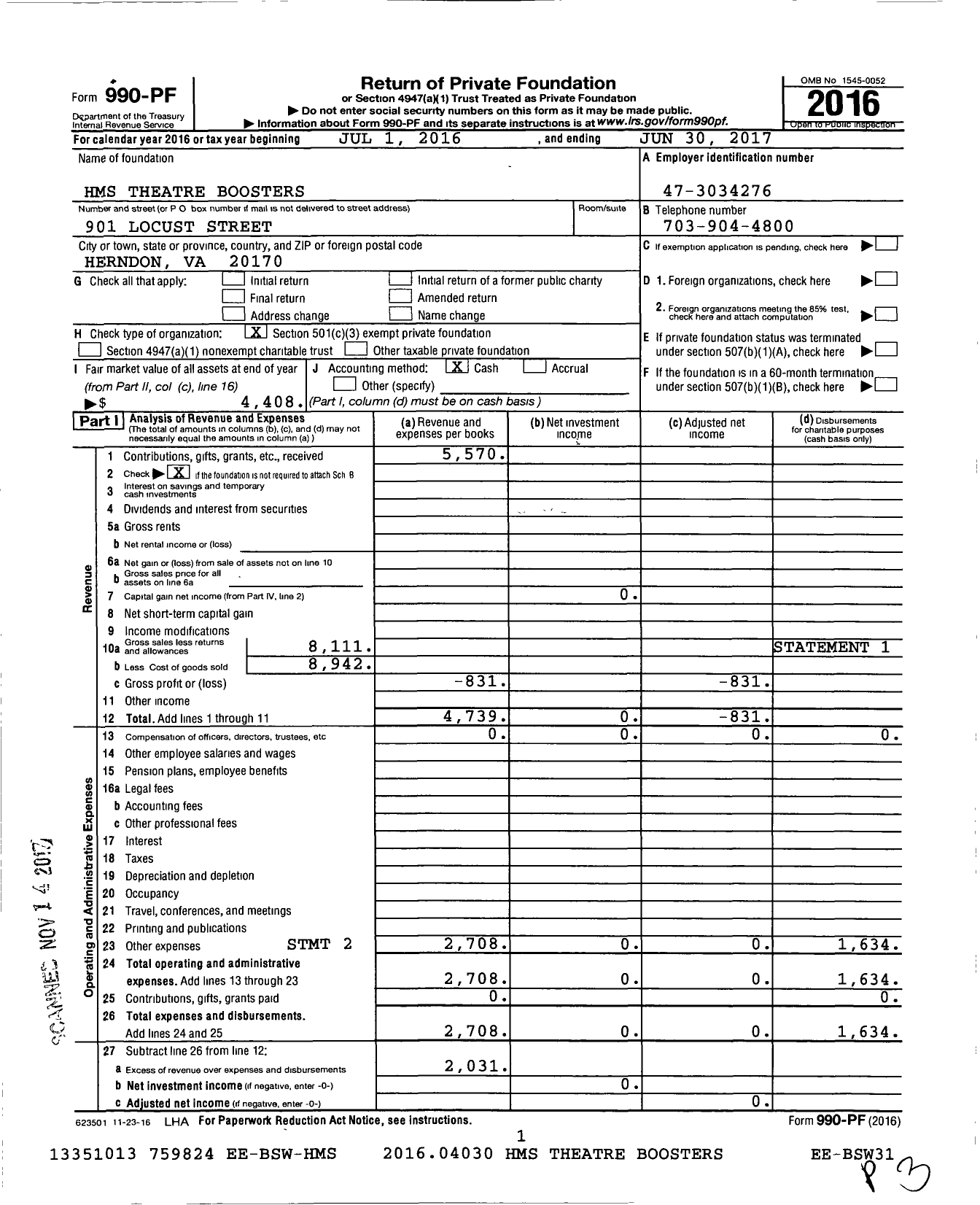 Image of first page of 2016 Form 990PF for HMS Theatre Boosters