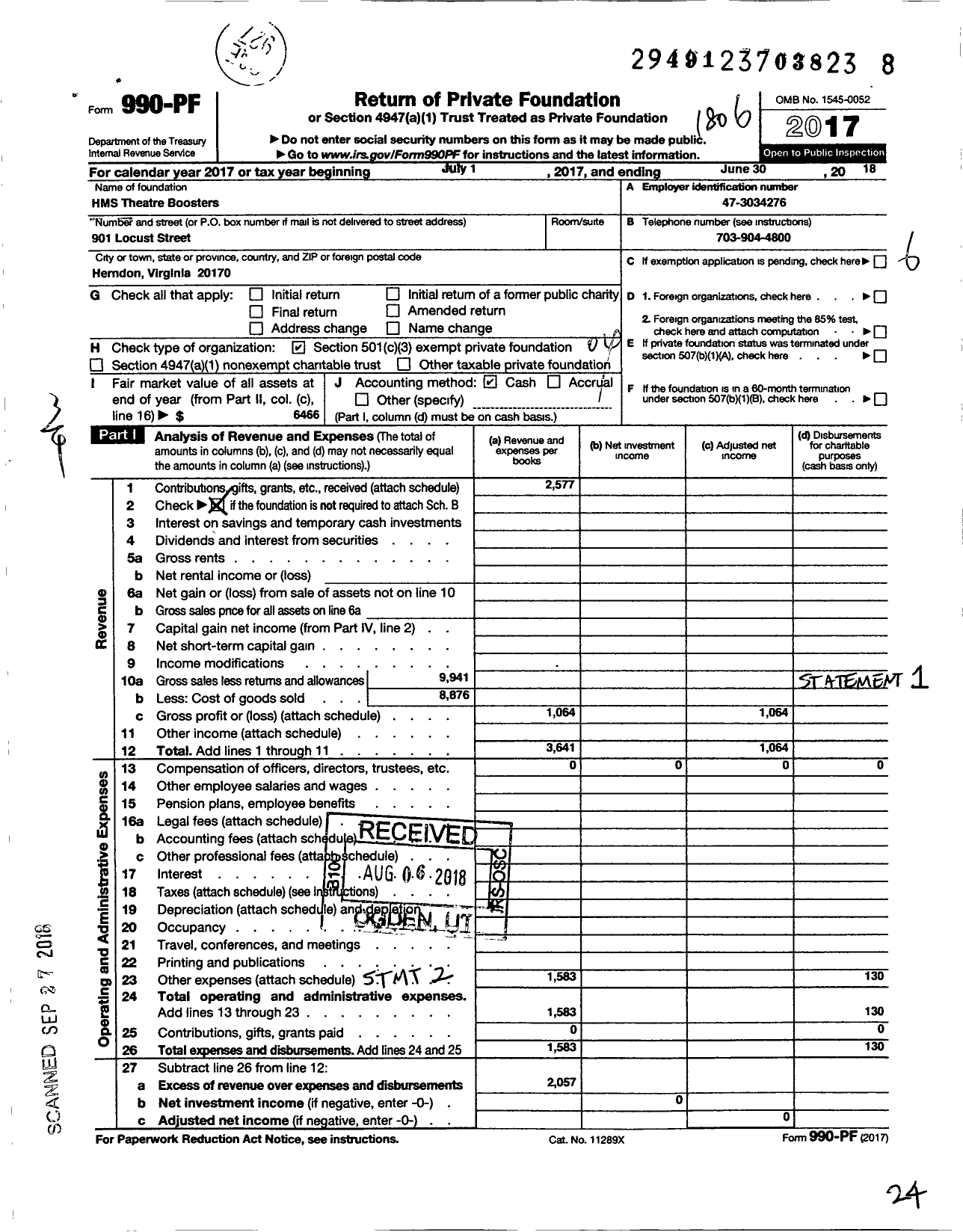 Image of first page of 2017 Form 990PF for HMS Theatre Boosters