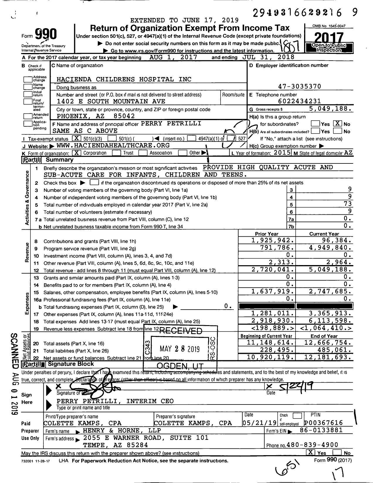 Image of first page of 2017 Form 990 for Hacienda Childrens Hospital
