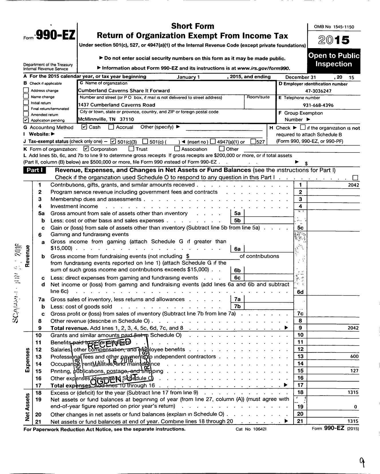 Image of first page of 2015 Form 990EZ for Cumberland Caverns Share It Forward