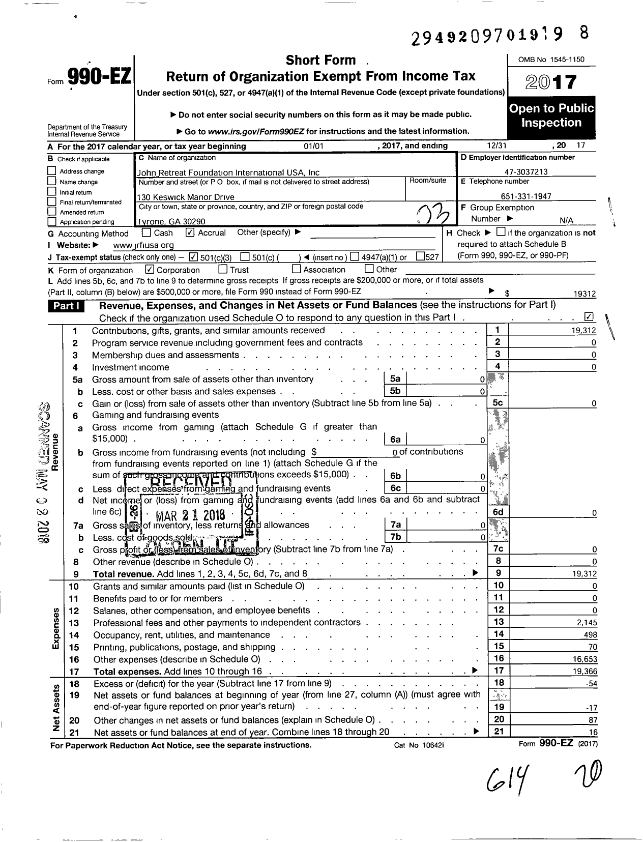 Image of first page of 2017 Form 990EZ for John Retreat Foundation International USA