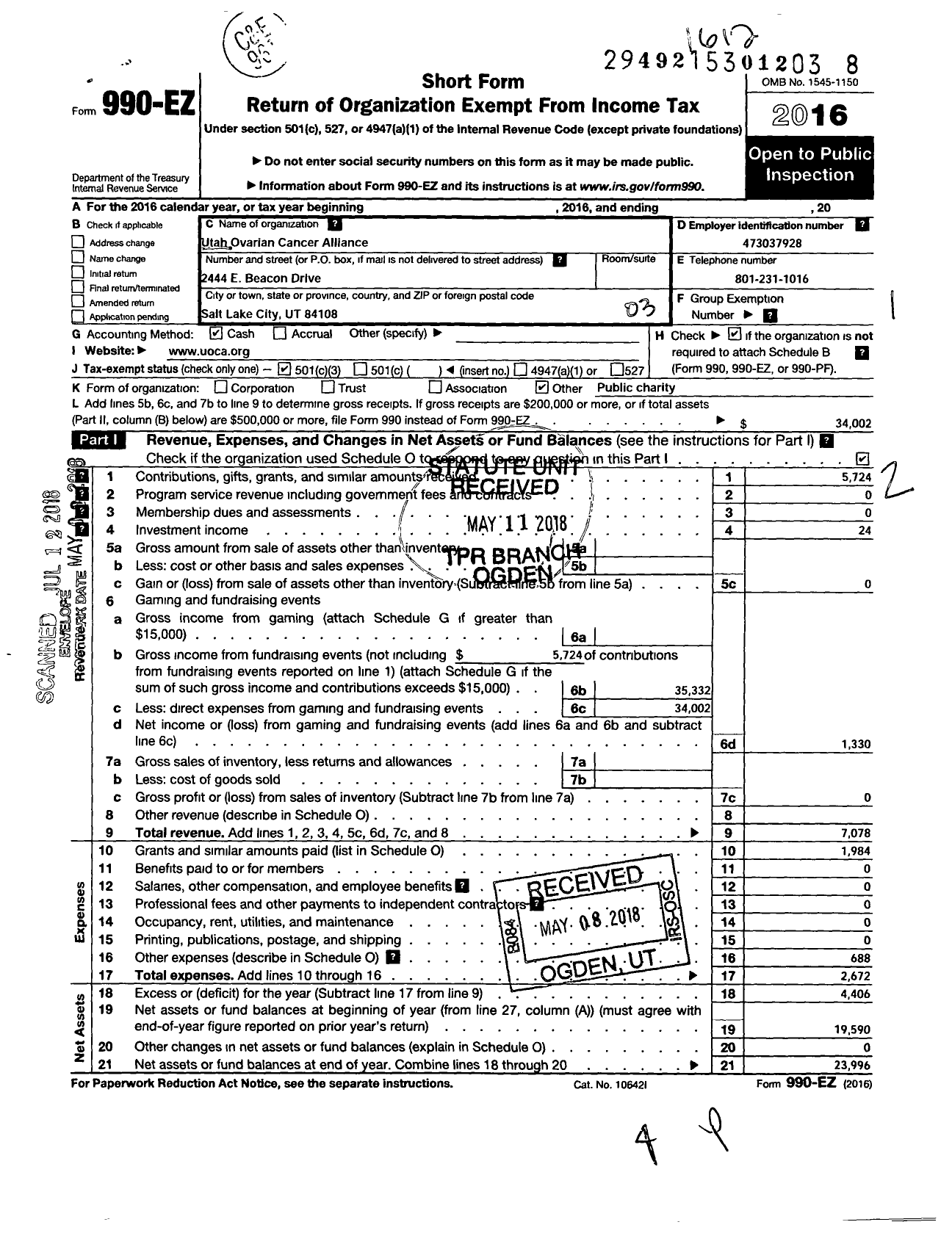 Image of first page of 2016 Form 990EZ for Utah Ovarian Cancer Alliance (UOCA)