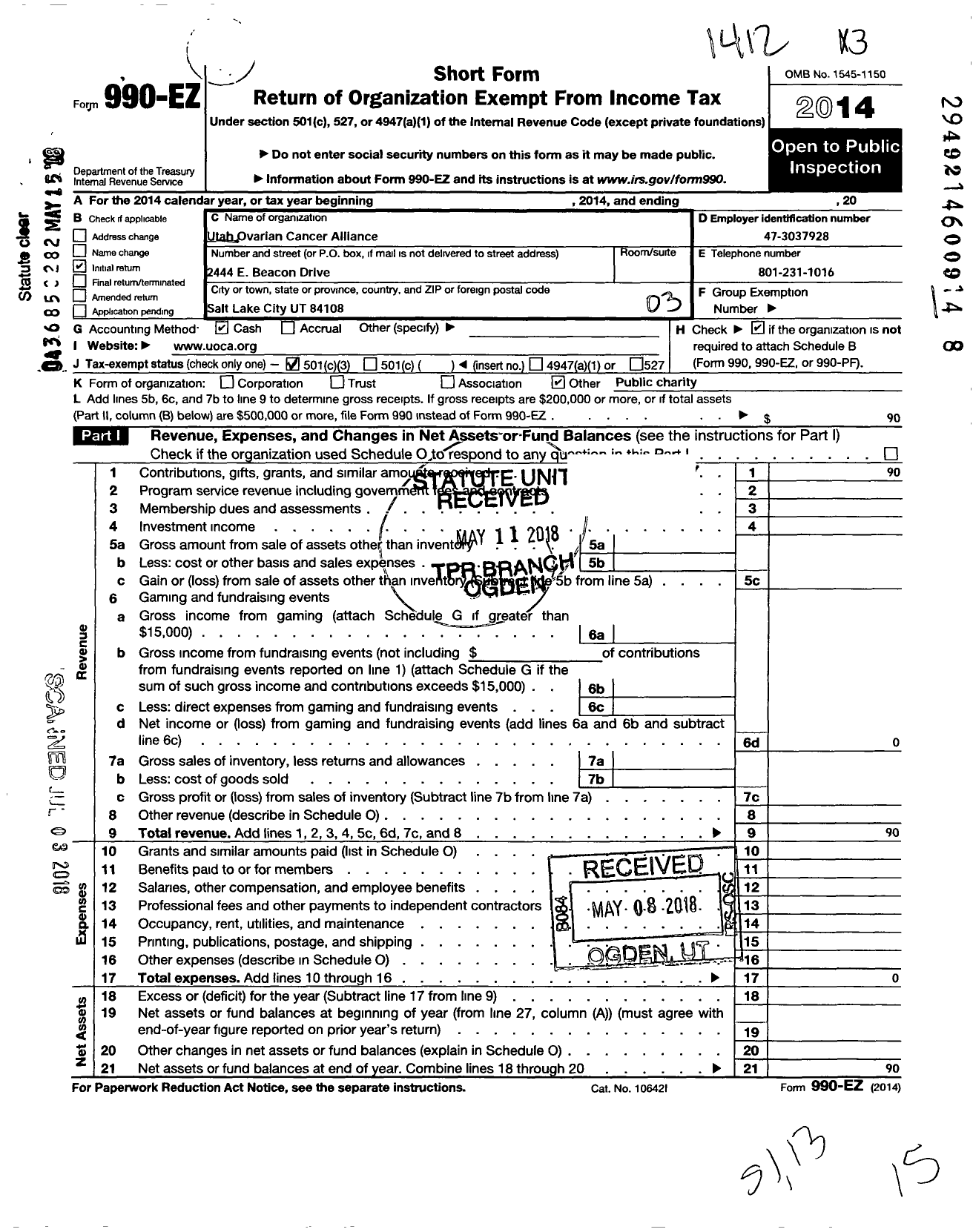 Image of first page of 2014 Form 990EZ for Utah Ovarian Cancer Alliance (UOCA)