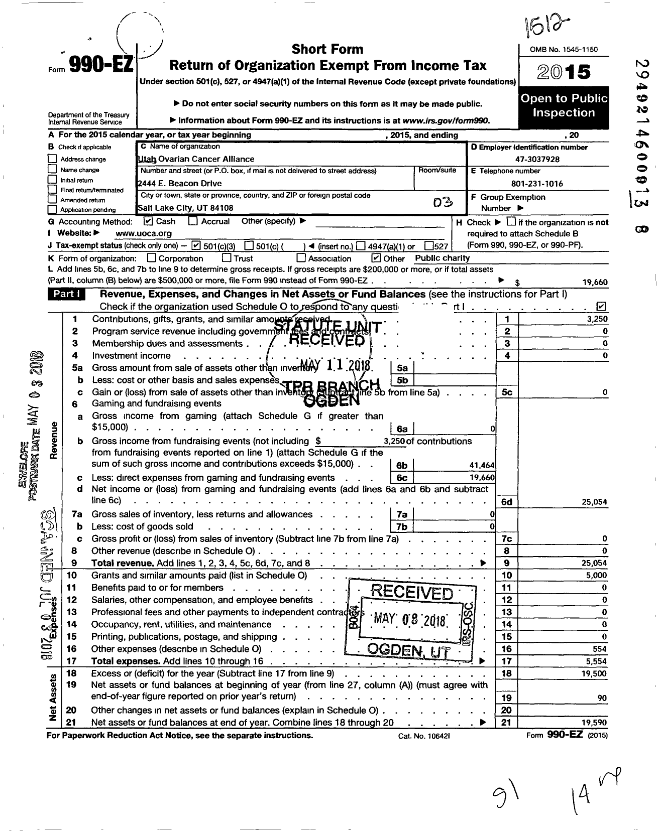 Image of first page of 2015 Form 990EZ for Utah Ovarian Cancer Alliance (UOCA)