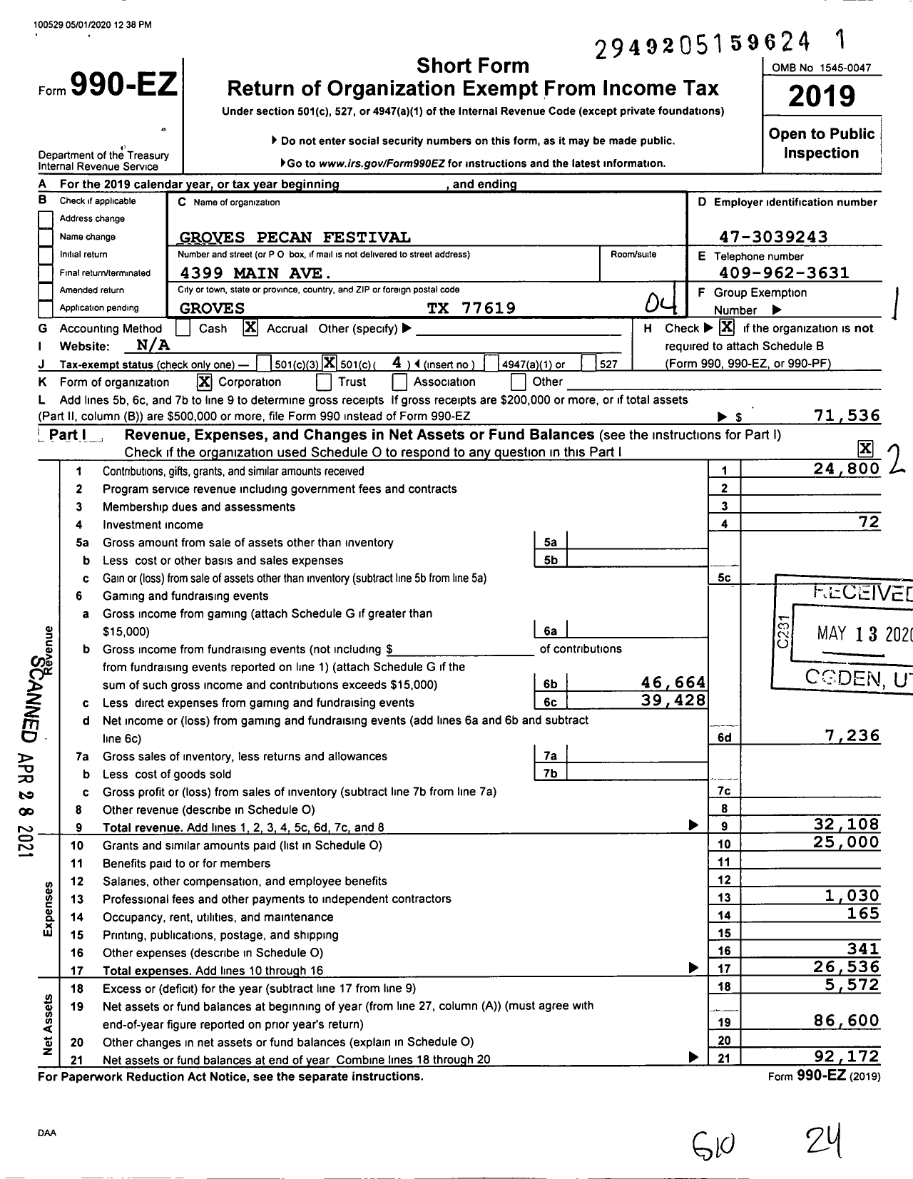 Image of first page of 2019 Form 990EO for Groves Pecan Festival