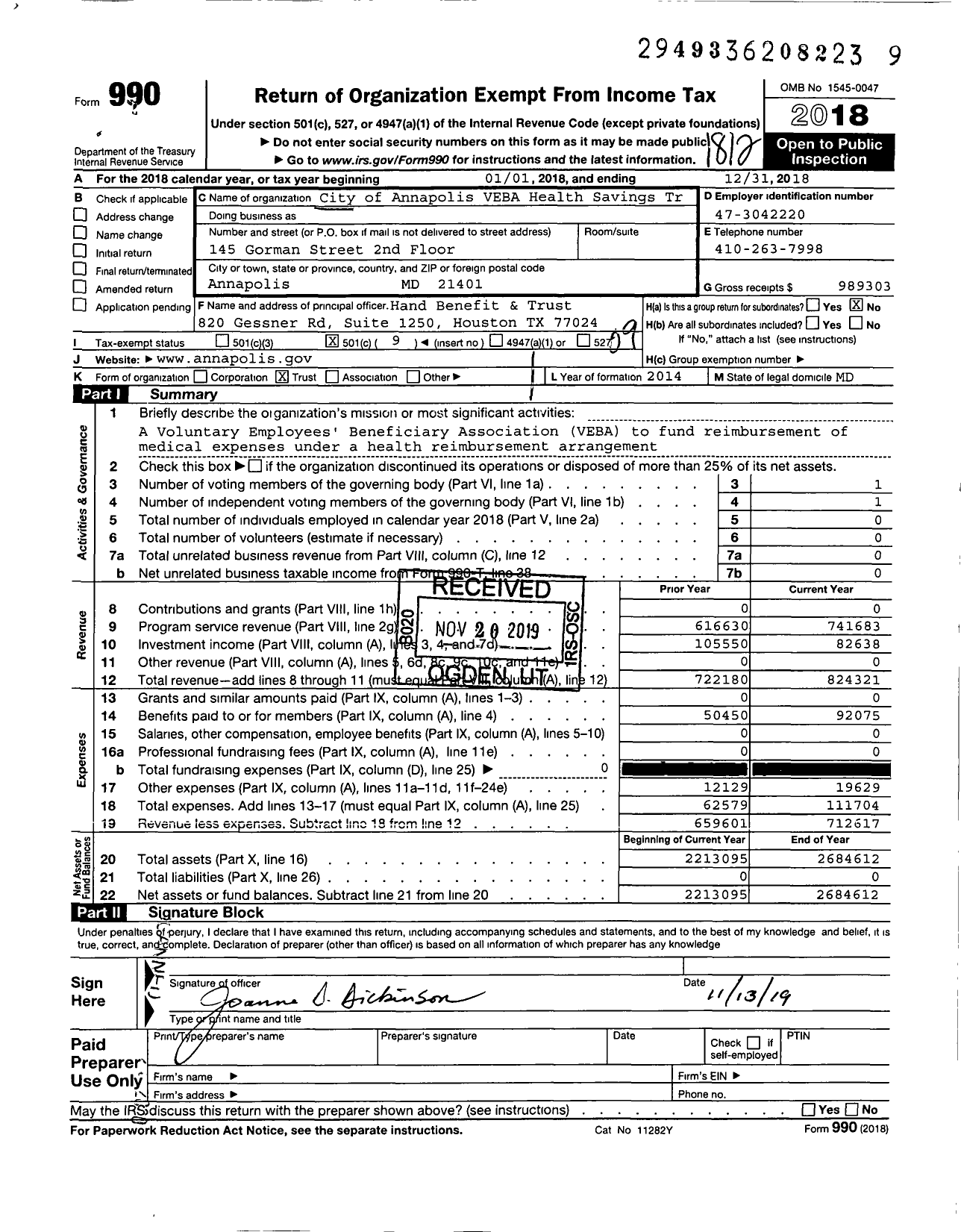 Image of first page of 2018 Form 990O for CITY OF ANNAPOLIS VEBA Health Savings Trust