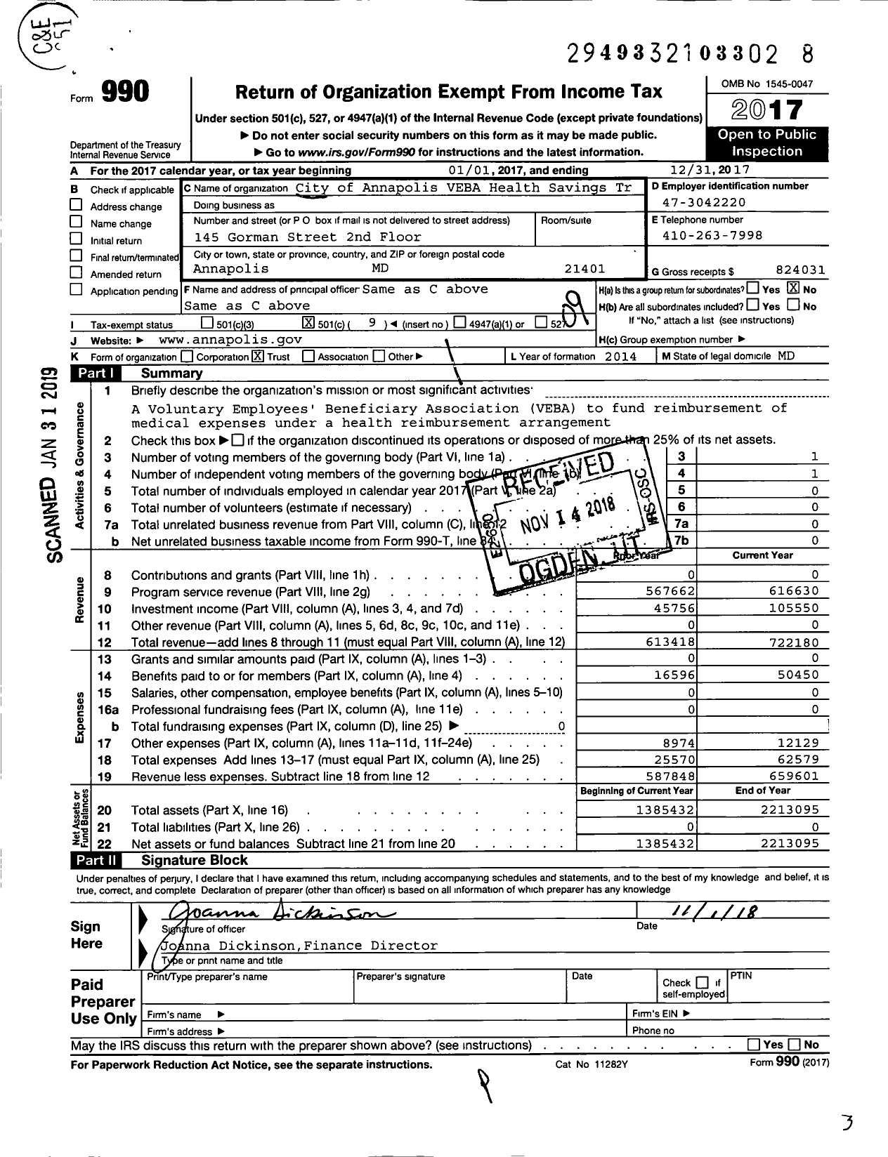 Image of first page of 2017 Form 990O for CITY OF ANNAPOLIS VEBA Health Savings Trust