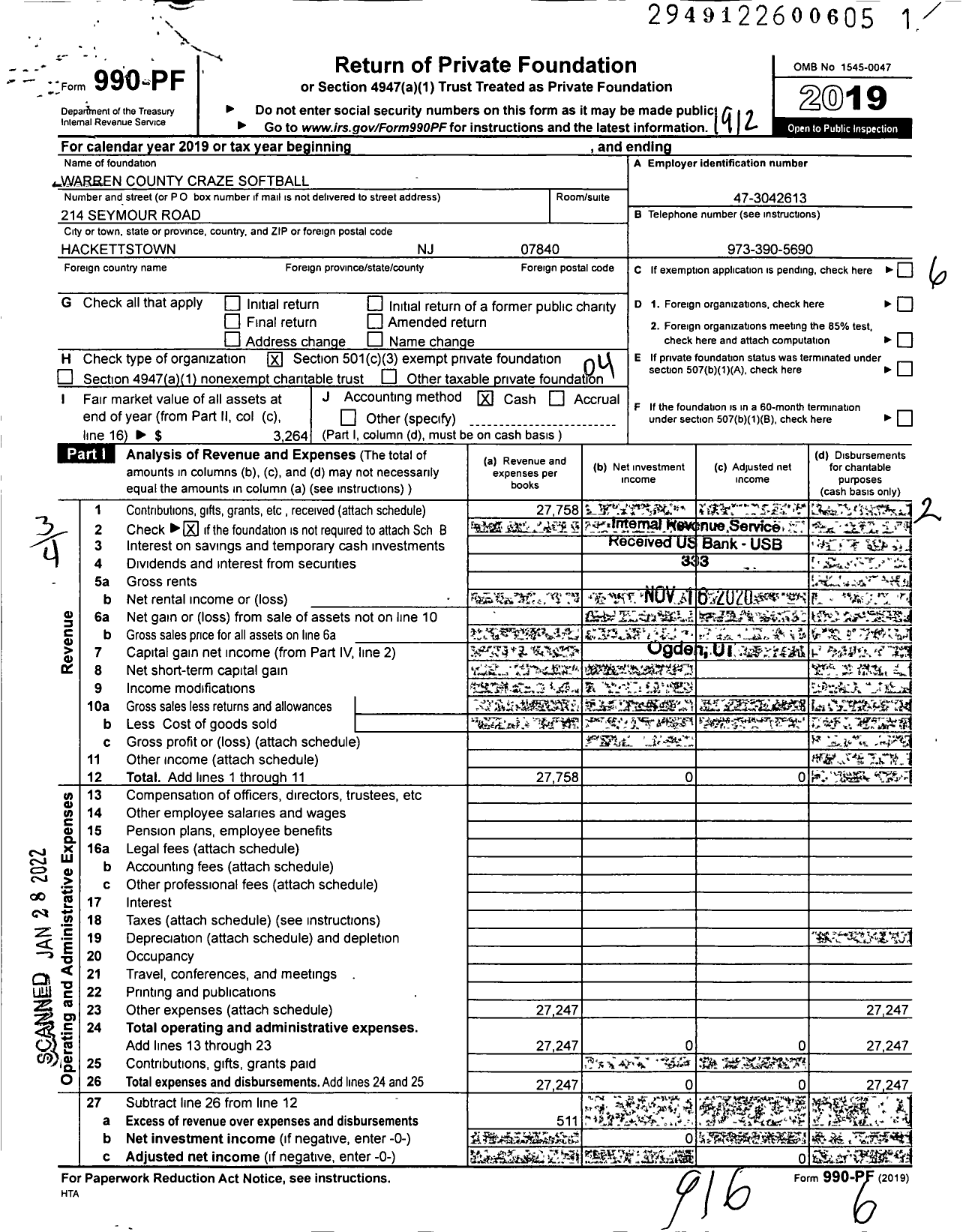 Image of first page of 2019 Form 990PF for Warren County Craze Softball