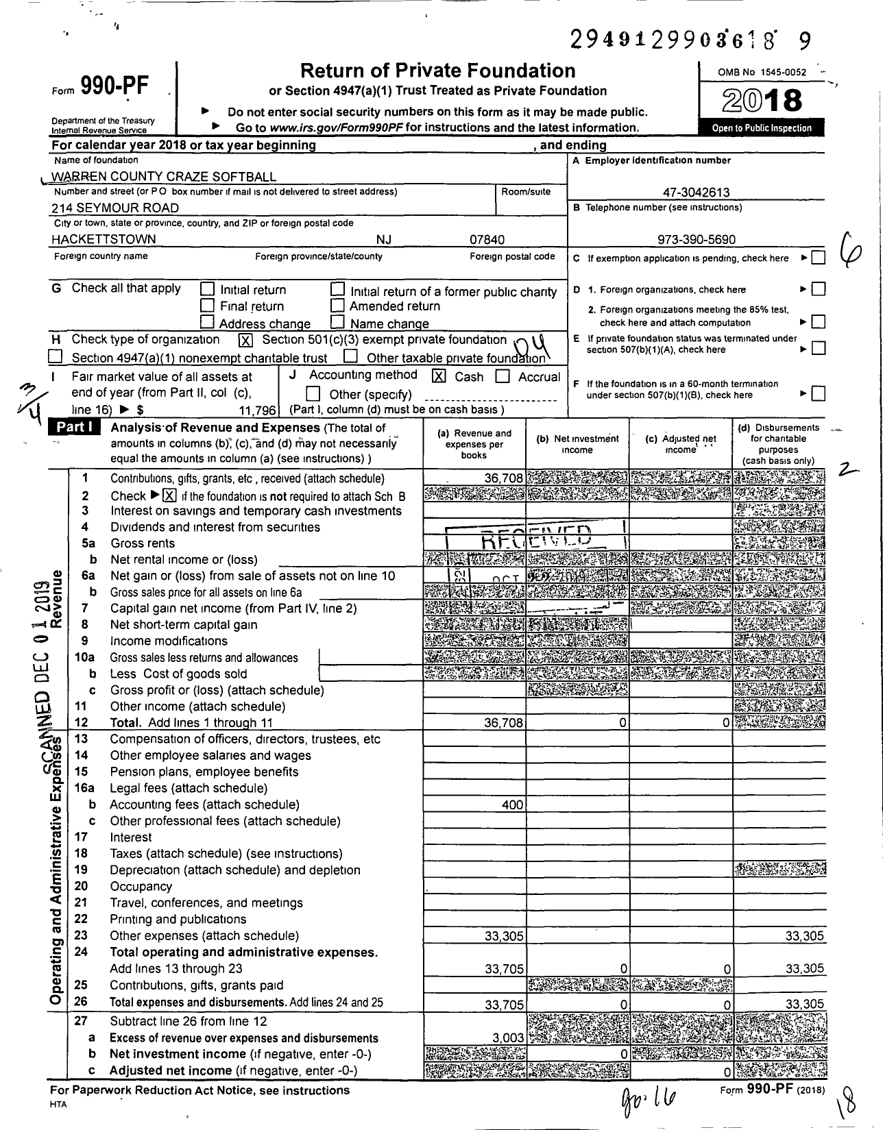 Image of first page of 2018 Form 990PF for Warren County Craze Softball