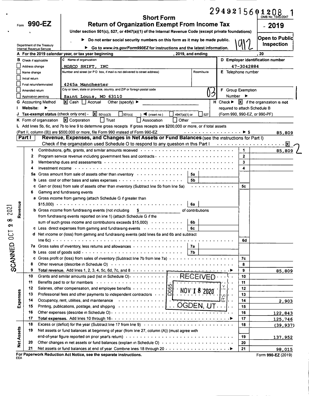 Image of first page of 2019 Form 990EZ for Hosco Shift