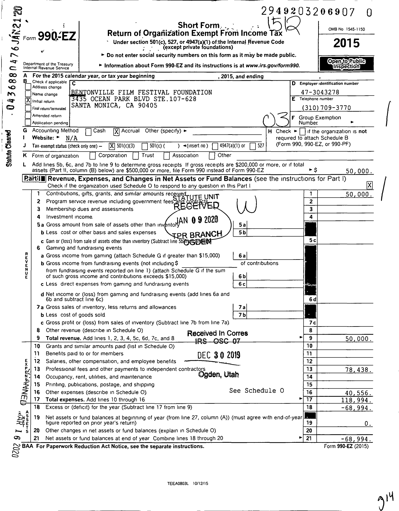 Image of first page of 2015 Form 990EZ for Bentonville Film Festival Foundation