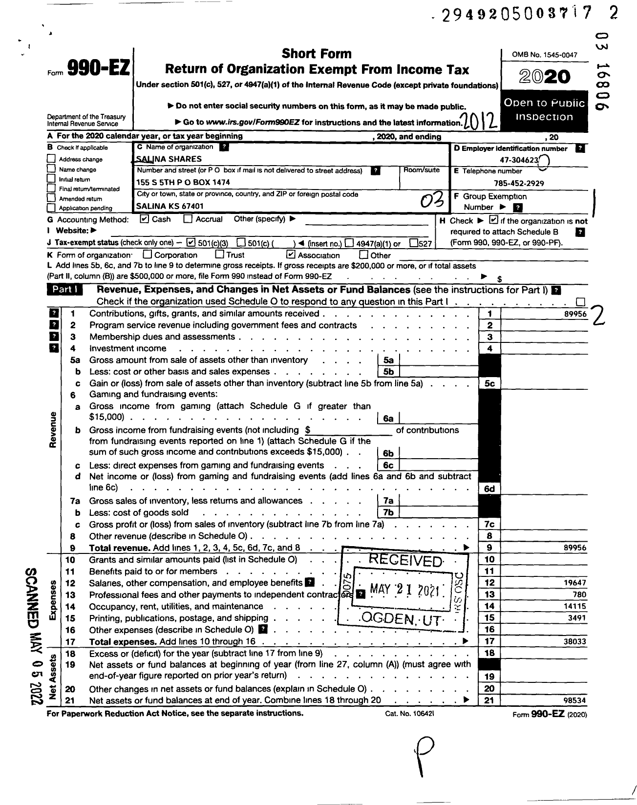 Image of first page of 2020 Form 990EZ for Salina Shares