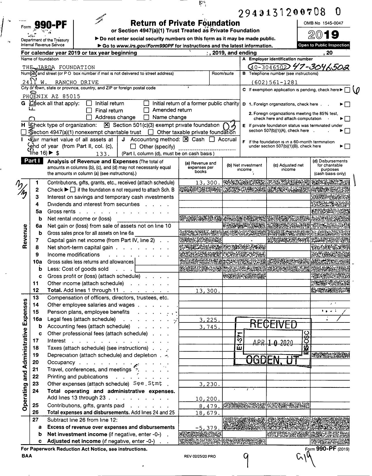 Image of first page of 2019 Form 990PF for The Jarda Foundation