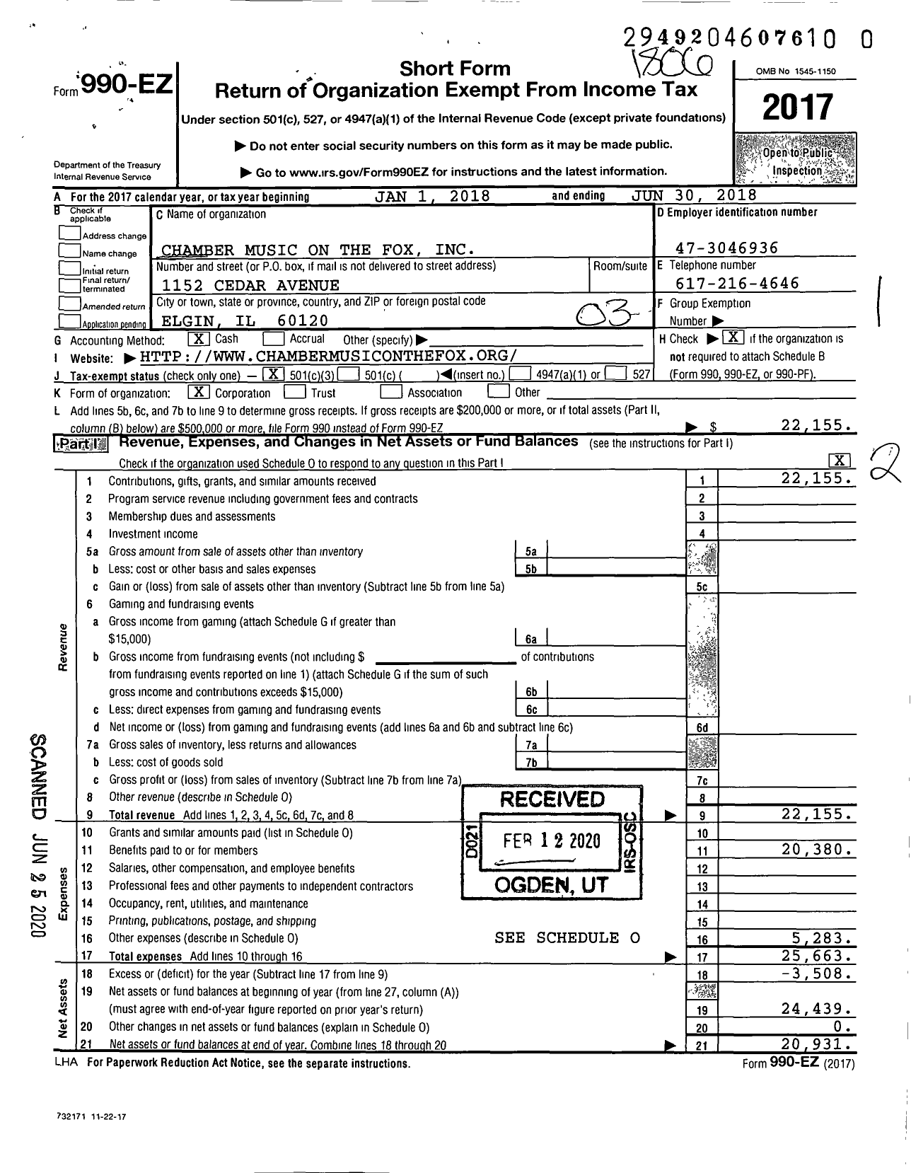 Image of first page of 2017 Form 990EZ for Chamber Music on the Fox