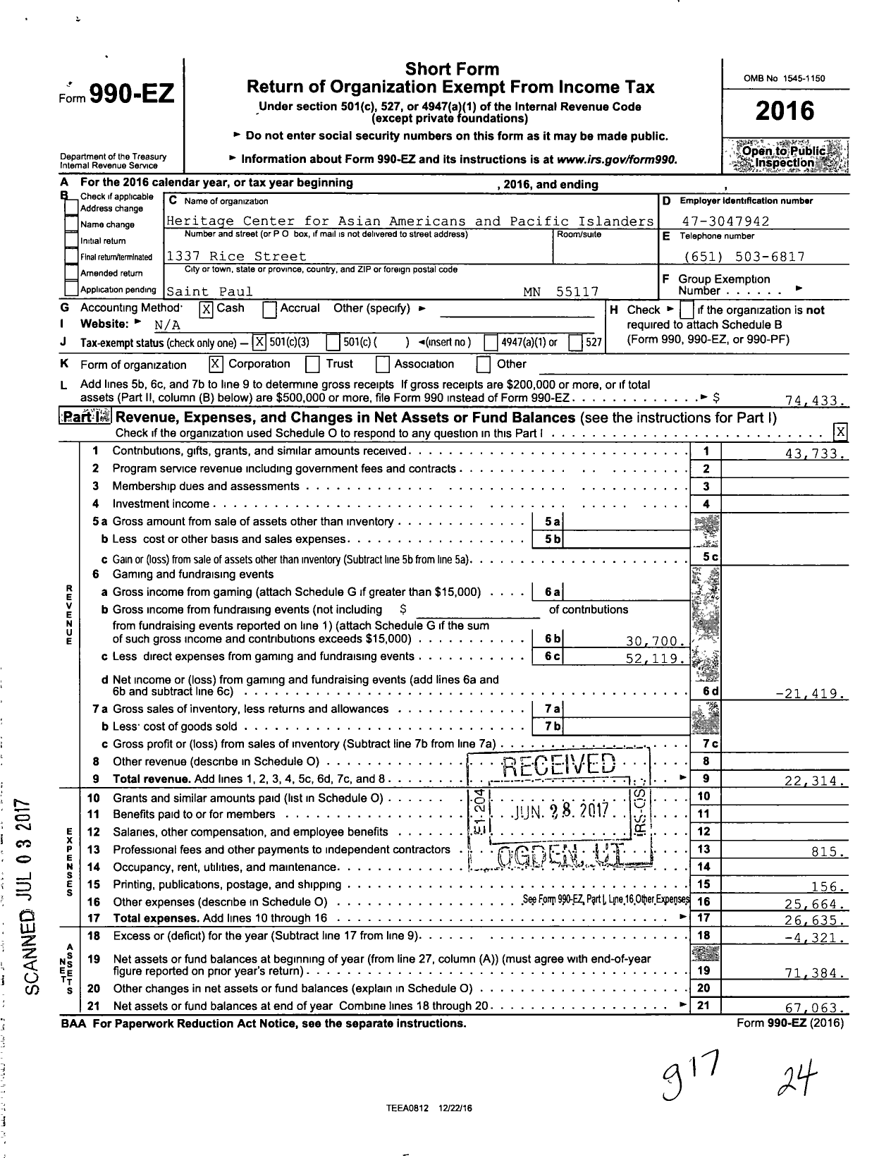 Image of first page of 2016 Form 990EZ for Heritage Center for Asian Americans and Pacific Islanders