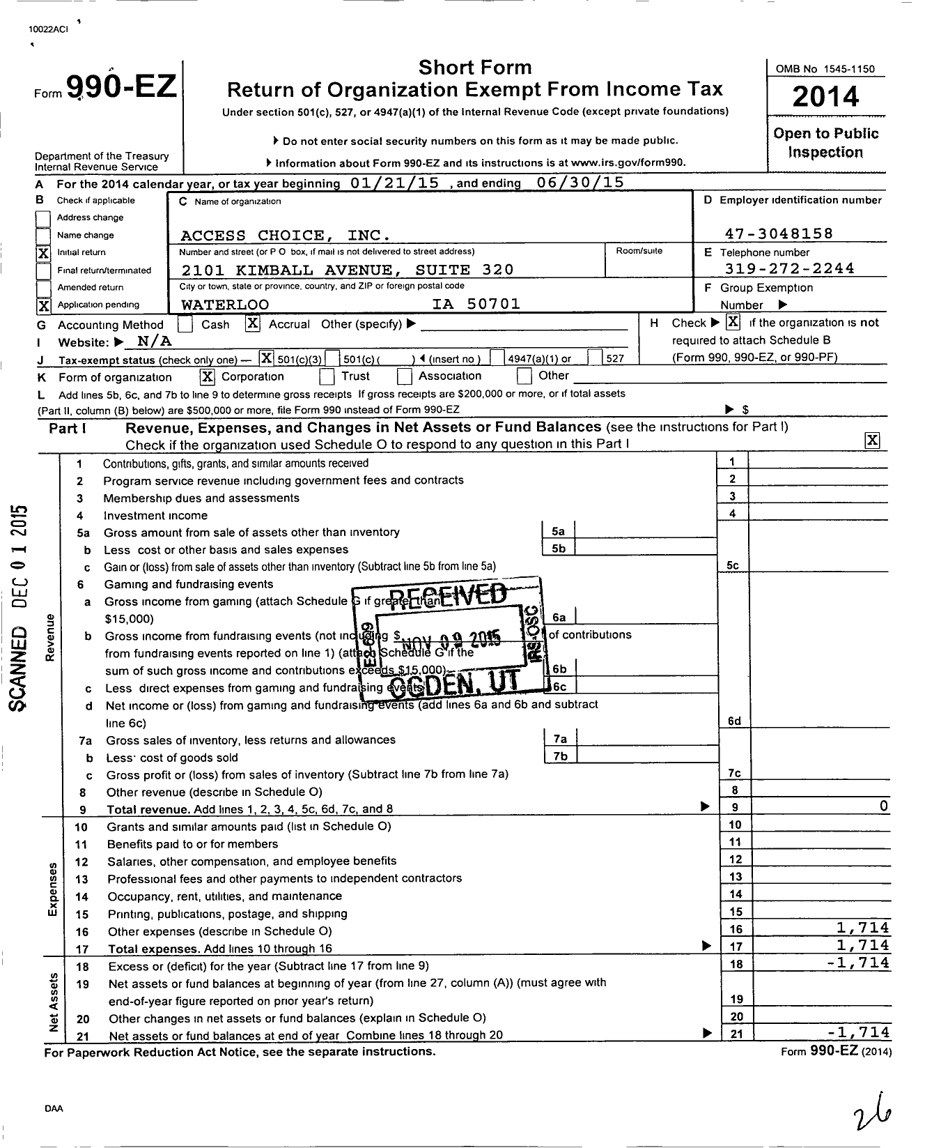 Image of first page of 2014 Form 990EZ for Access Choice