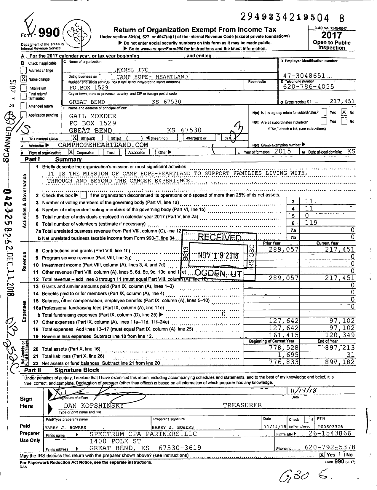 Image of first page of 2017 Form 990 for Camp Hope - Heartland