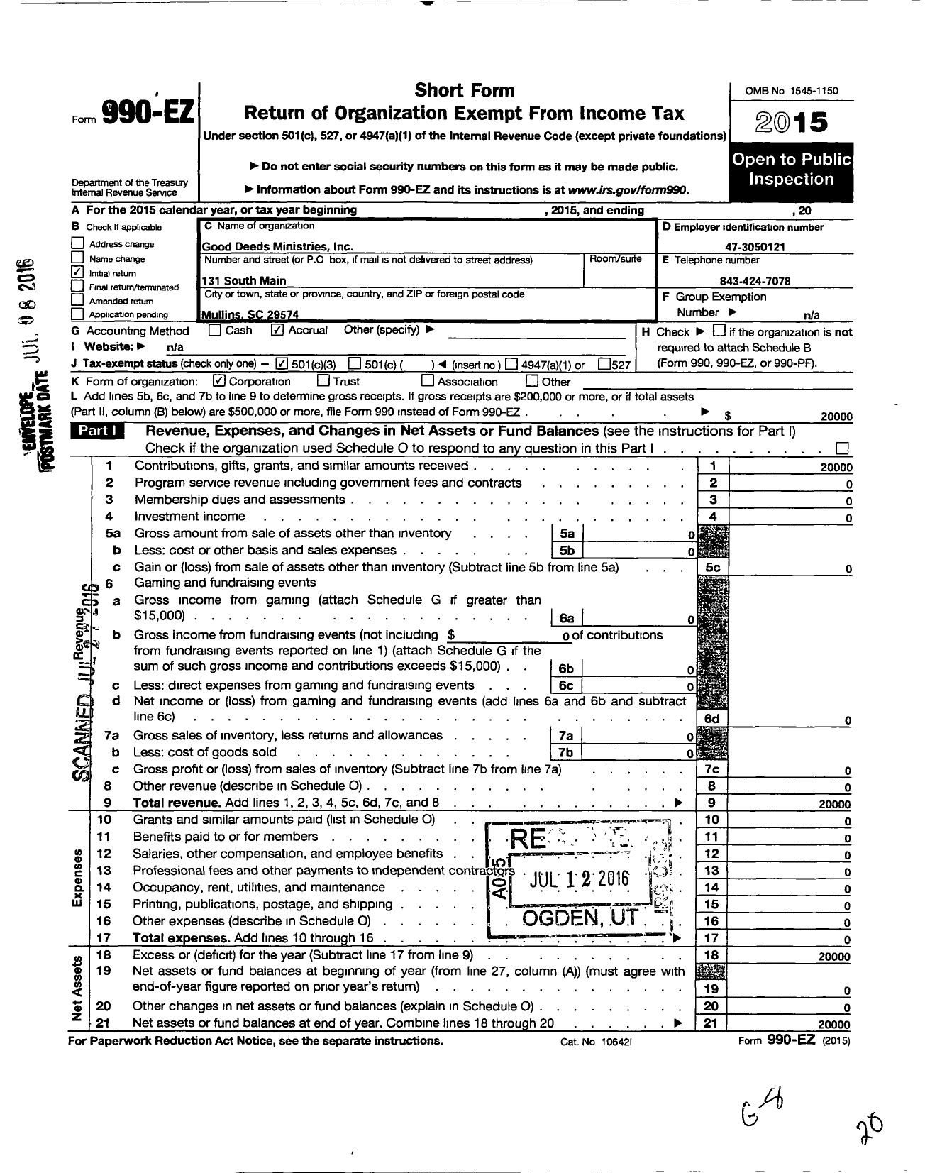 Image of first page of 2015 Form 990EZ for Good Deeds Ministries