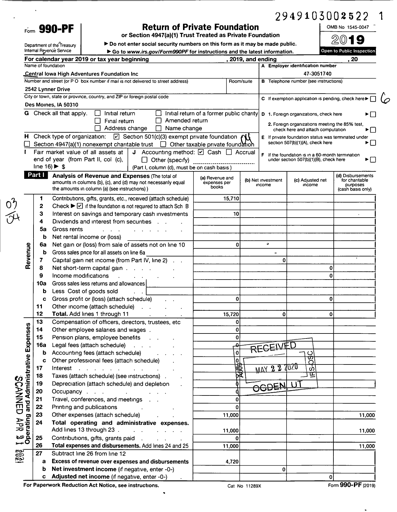 Image of first page of 2019 Form 990PF for Central Iowa High Adventures Foundation