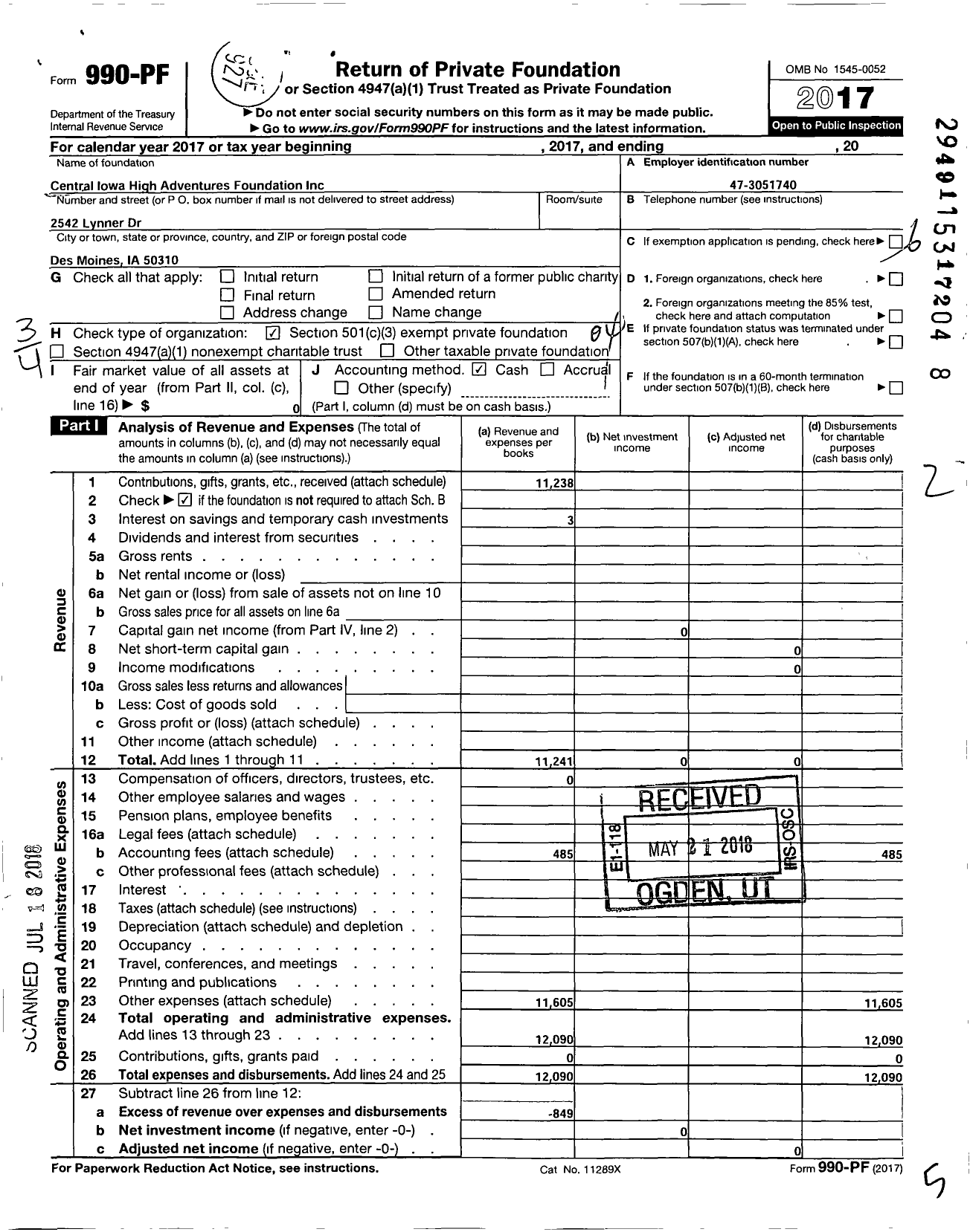 Image of first page of 2017 Form 990PF for Central Iowa High Adventures Foundation