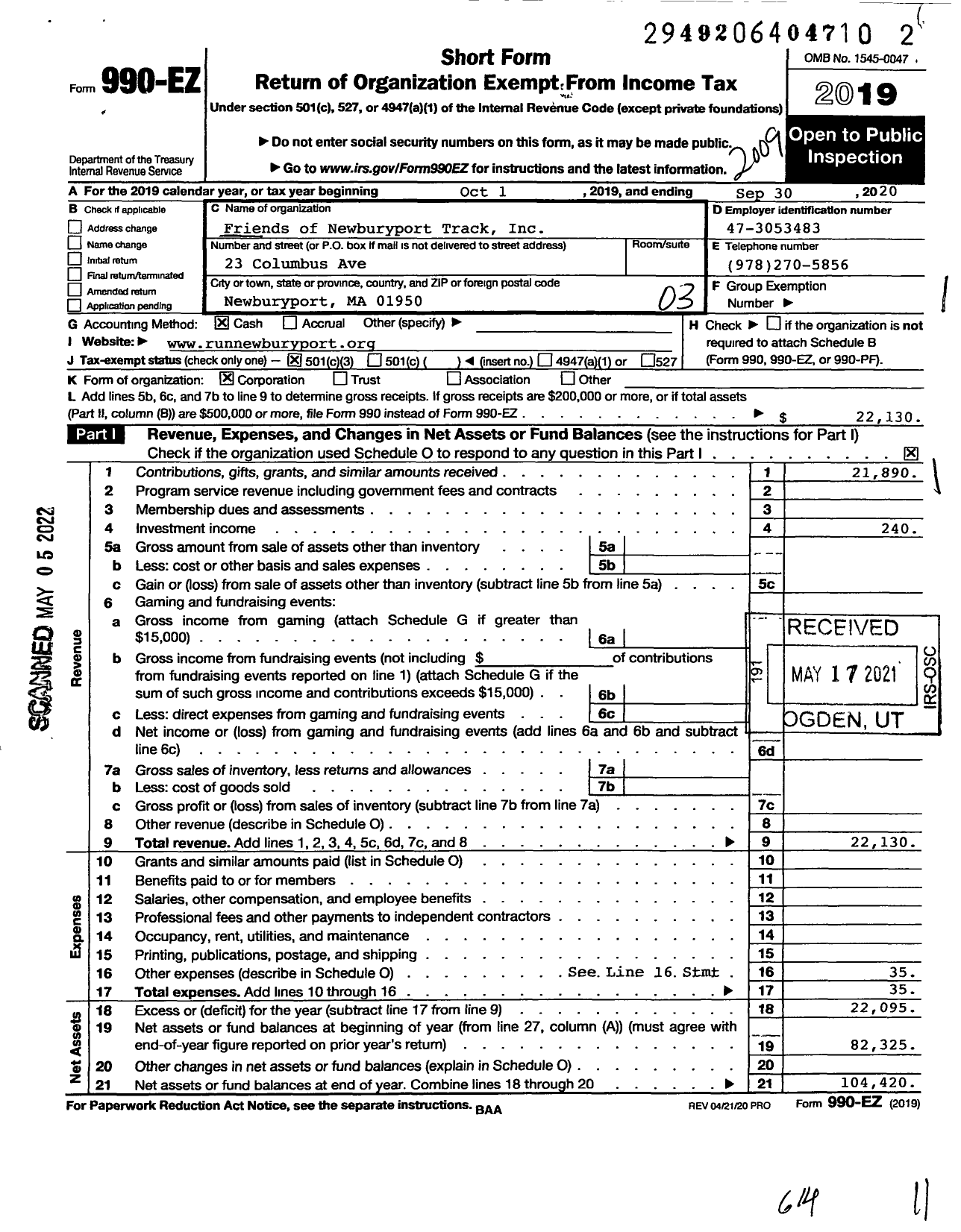 Image of first page of 2019 Form 990EZ for Friends of Newburyport Track