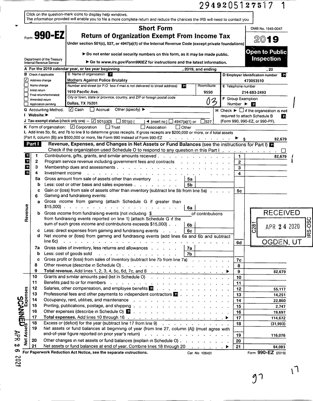 Image of first page of 2019 Form 990EZ for Mothers Against Police Brutality