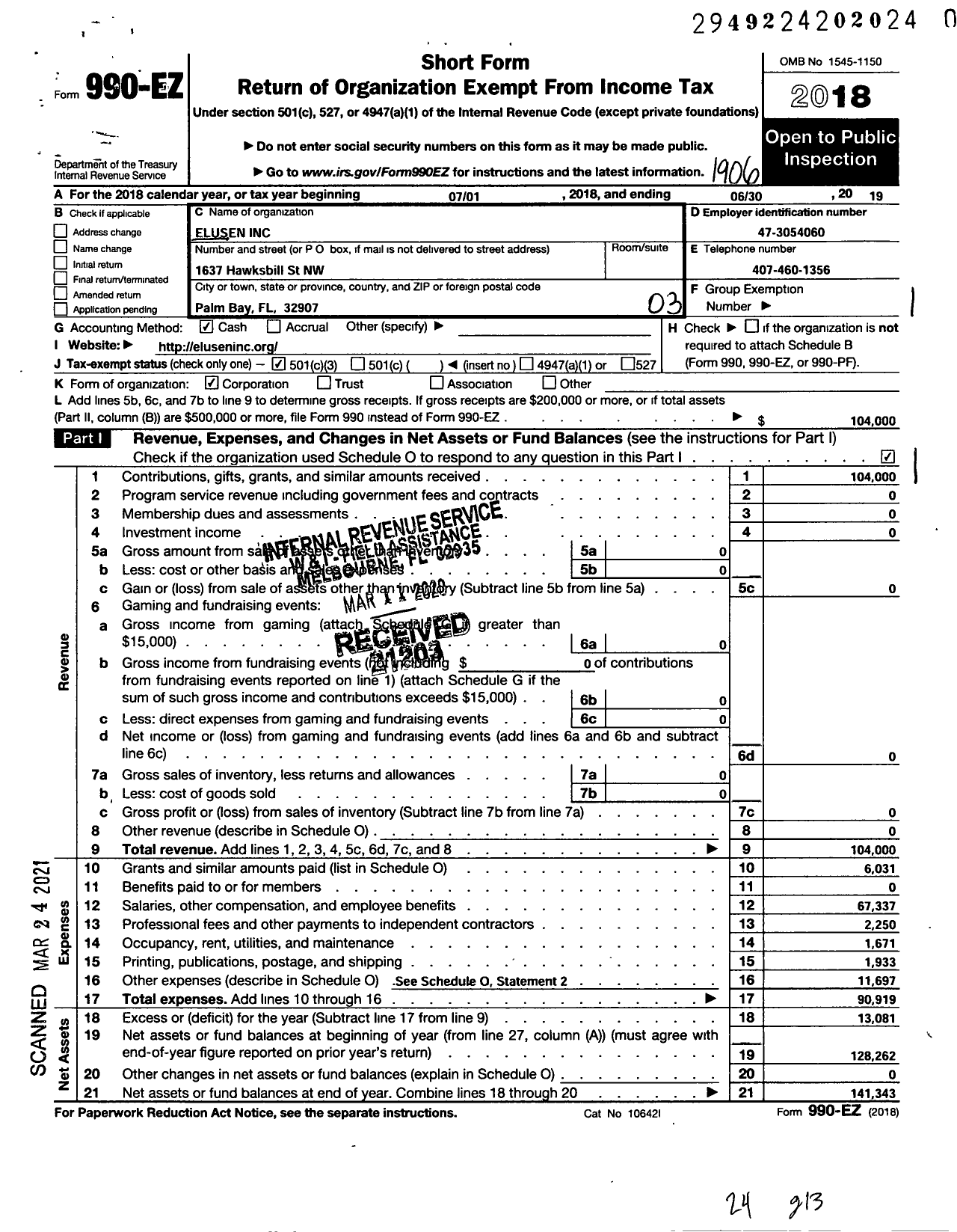 Image of first page of 2018 Form 990EZ for Elusen