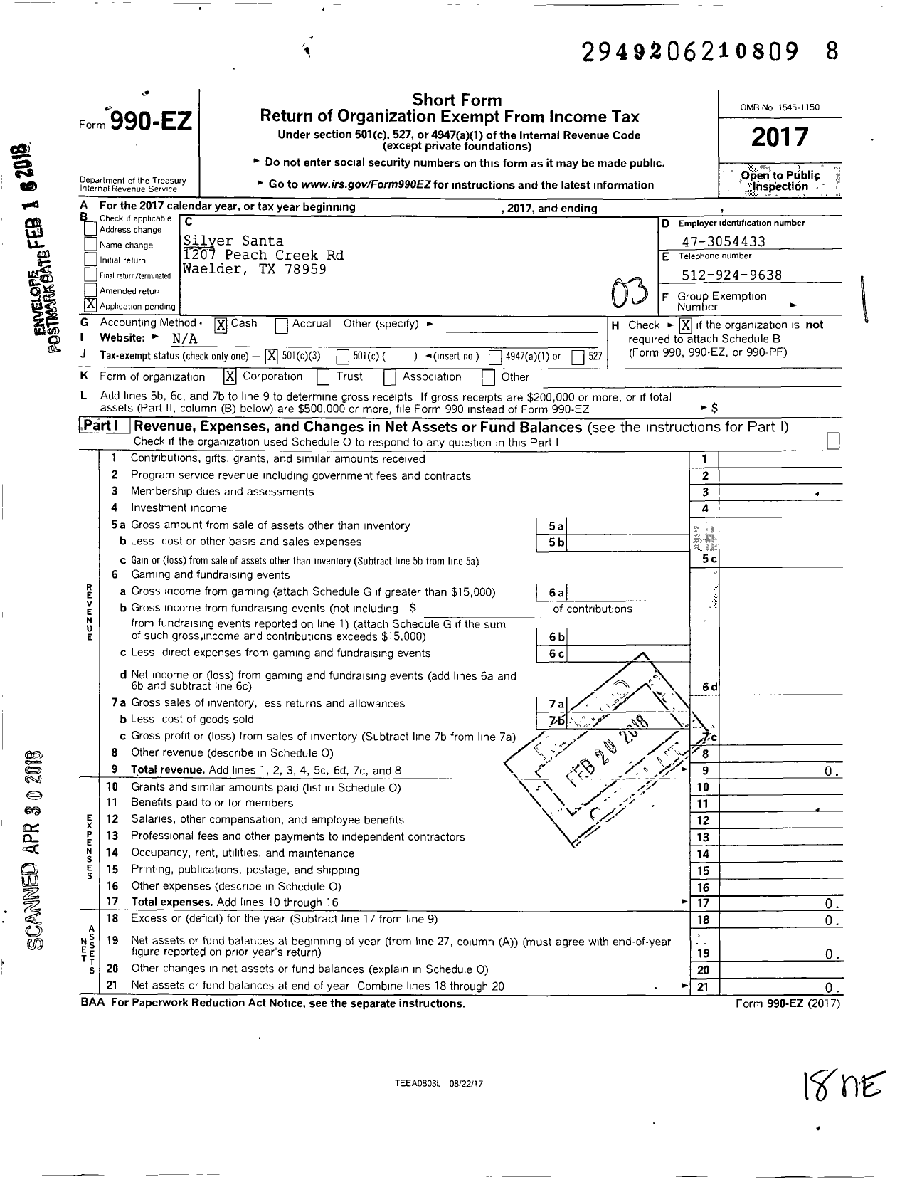 Image of first page of 2017 Form 990EZ for Silver Santa