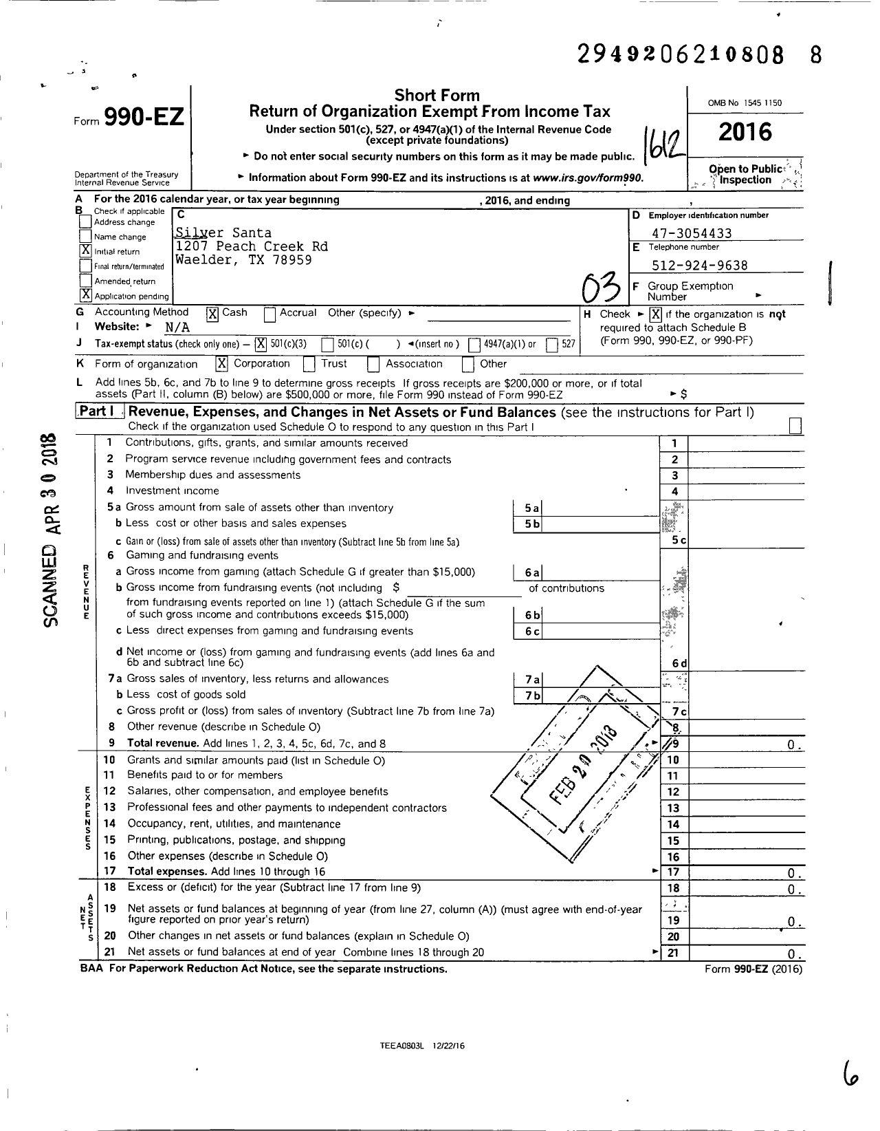Image of first page of 2016 Form 990EZ for Silver Santa