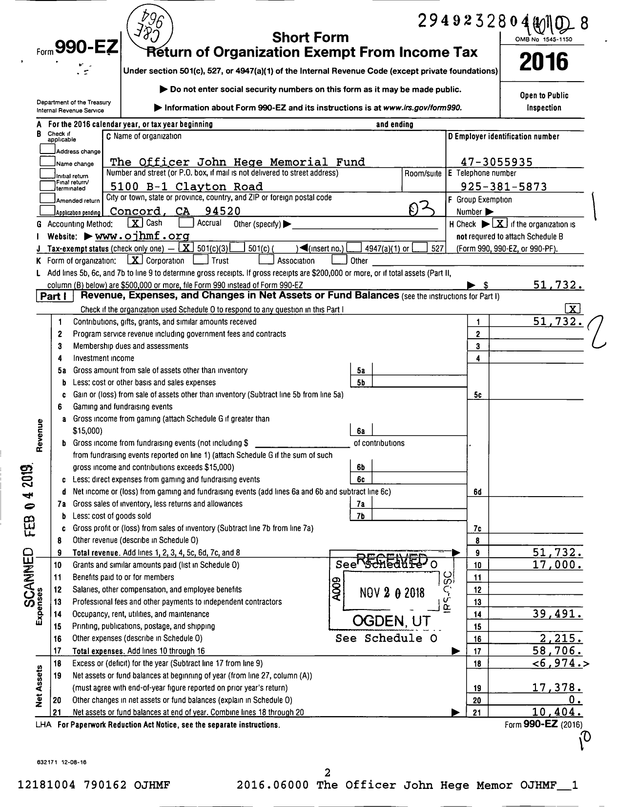 Image of first page of 2016 Form 990EZ for The Officer John Hege Memorial Fund