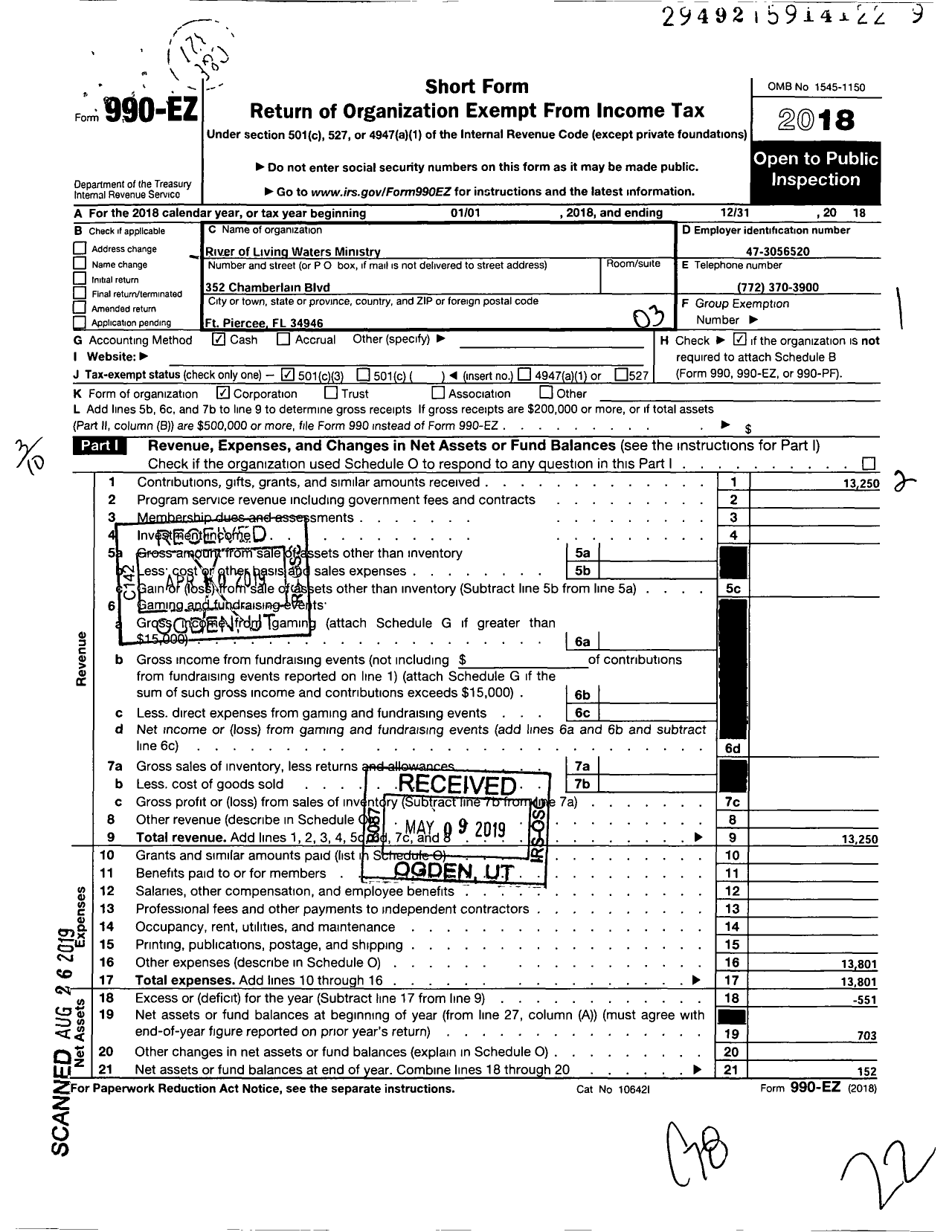 Image of first page of 2018 Form 990EZ for Missionary Church International / River of Living Waters Ministries