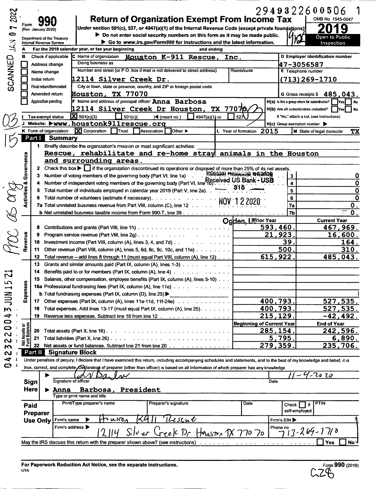 Image of first page of 2019 Form 990 for Houston K-911 Rescue