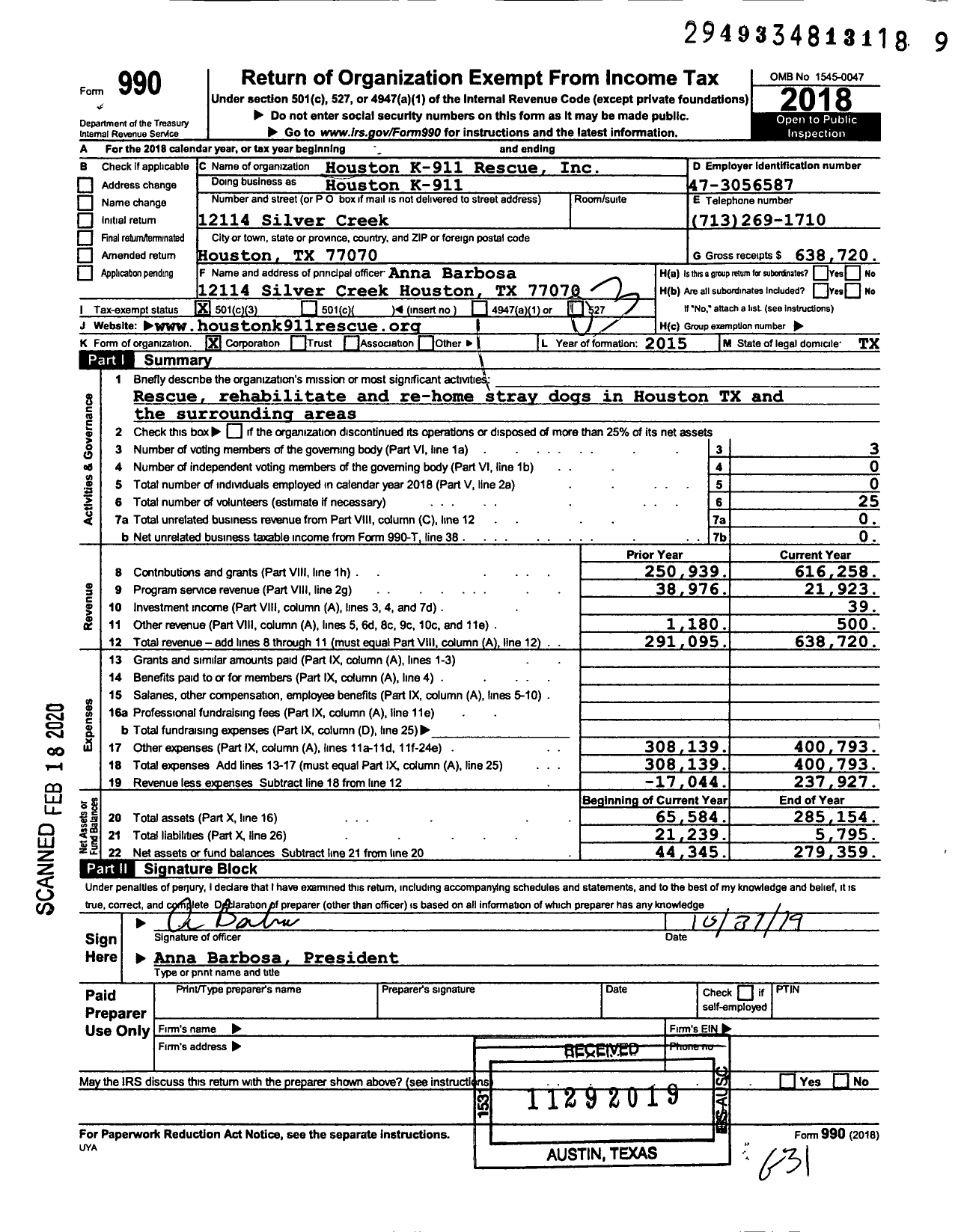 Image of first page of 2018 Form 990 for Houston K-911 Rescue