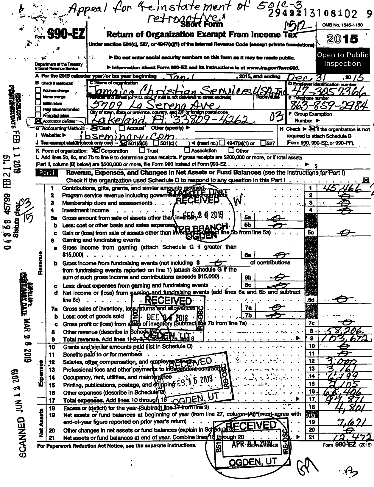 Image of first page of 2015 Form 990EZ for Jamaica Christian Services USA