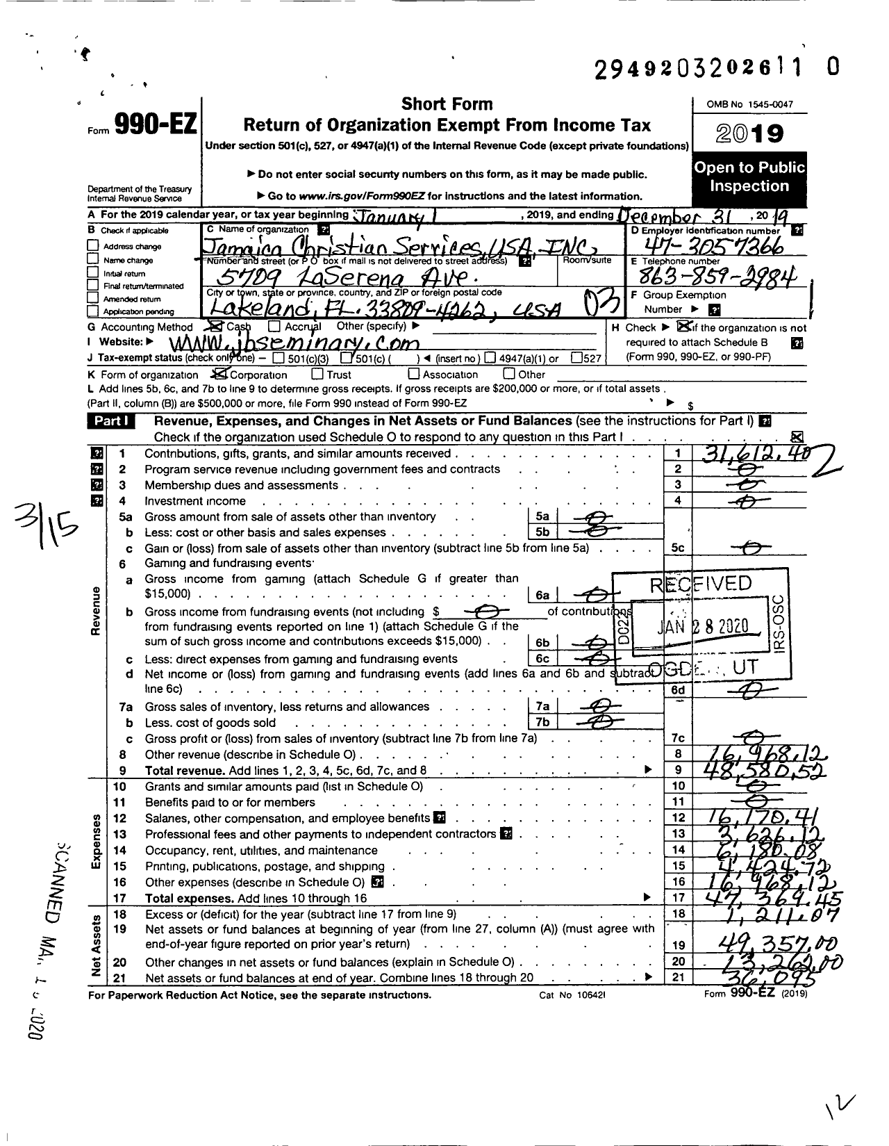 Image of first page of 2019 Form 990EZ for Jamaica Christian Services USA